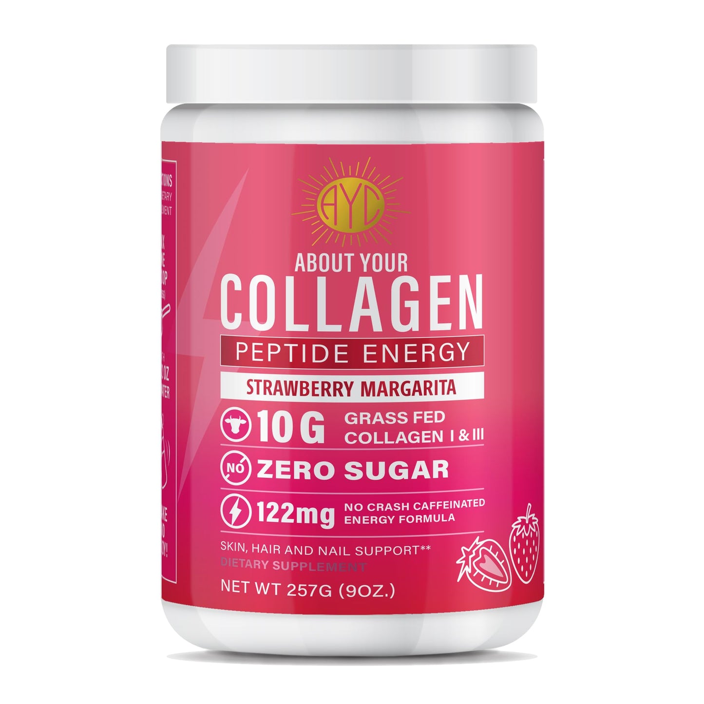 ABOUT YOUR COLLAGEN Peptide Energy Collagen Powder Hair, Nail, Skin, Type I & III, Caffeine for Energy, Vitamin C, Biotin, Hyaluronic Acid, Zero Sugar, 8.92 oz