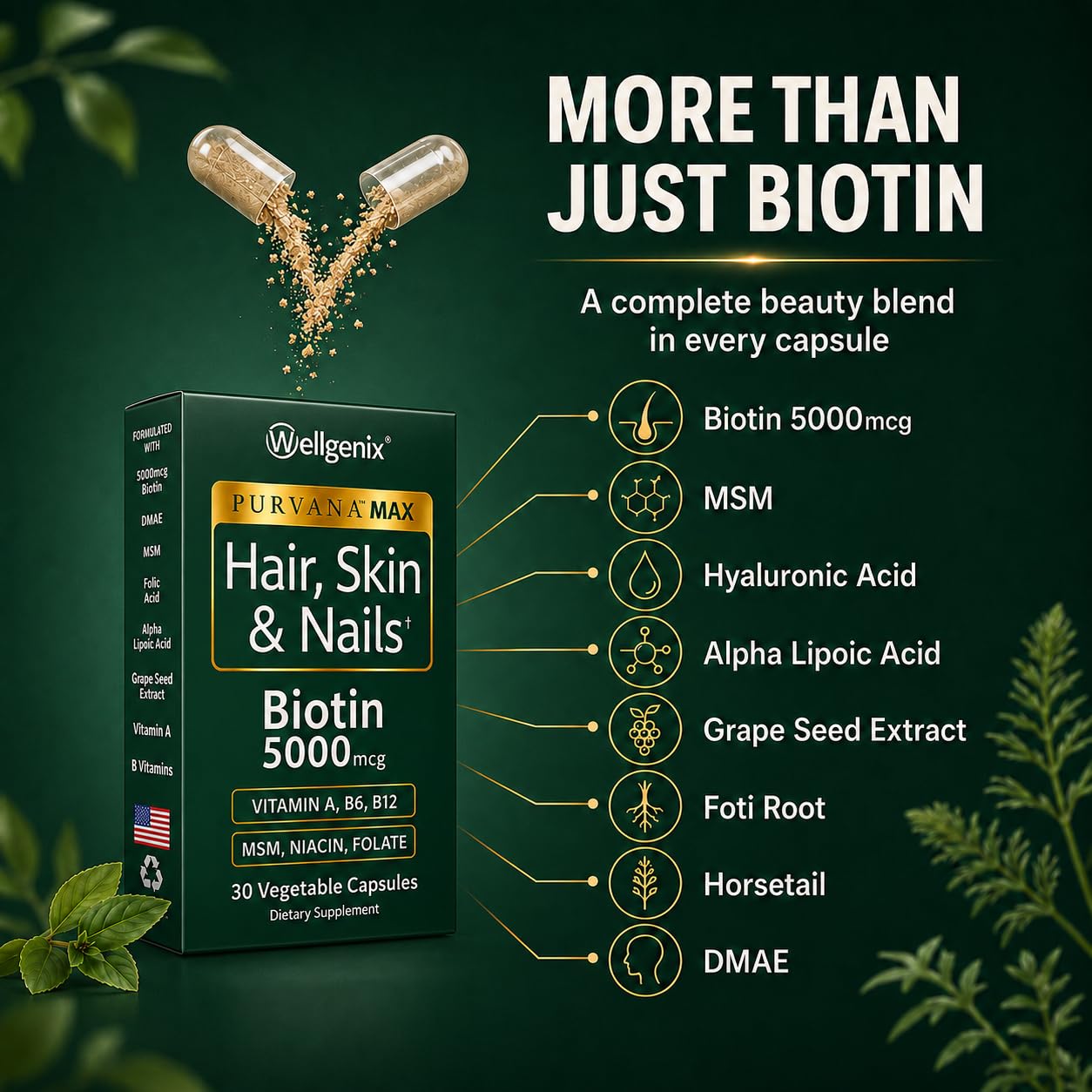 Wellgenix Purvana MAX Hair Skin & Nails Vitamins, Biotin 5000, 60 Capsules
