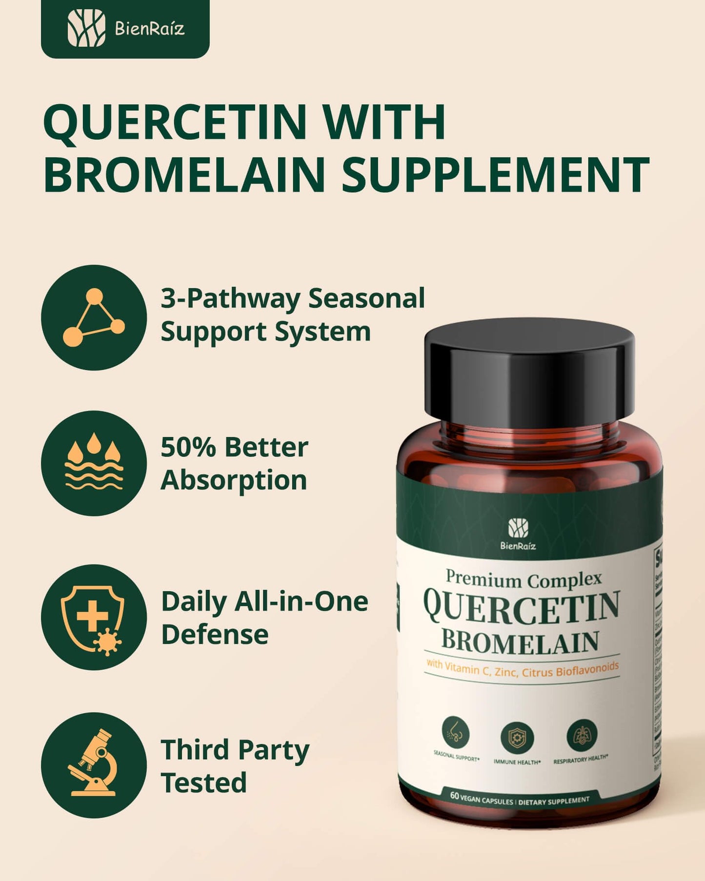 BienRaíz Quercetin 600mg with Bromelain, Vitamin C & Zinc - 7 in 1 Immune Support for Respiratory Health & Seasonal Wellness Capsule 60 Capsules