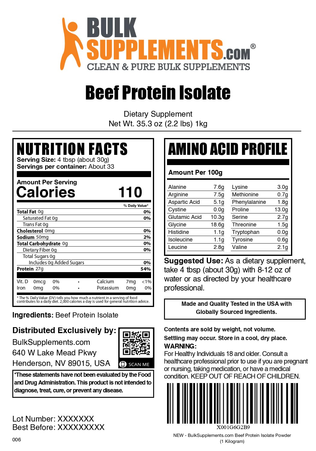 BulkSupplements Beef Protein Isolate Powder, 2.2 lb