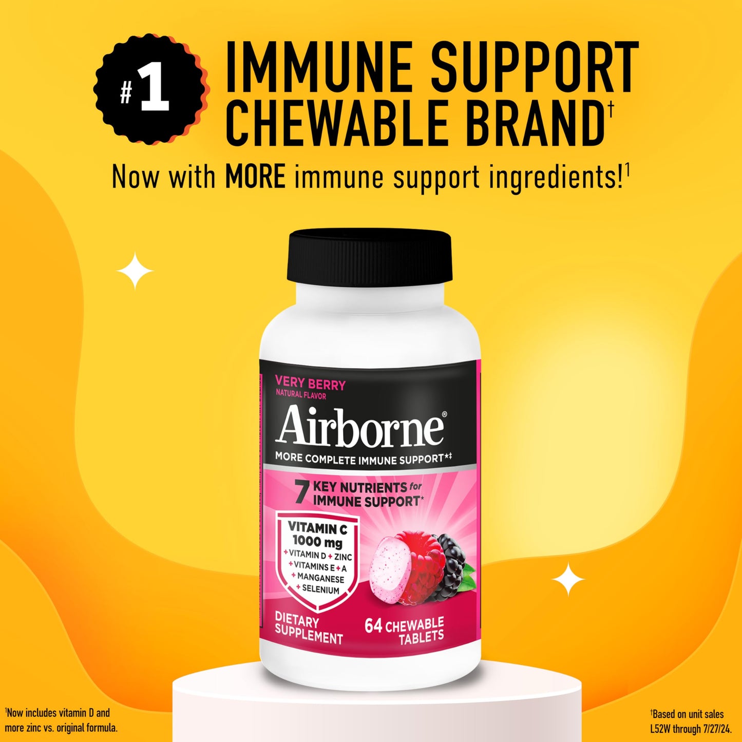 Airborne Berry Chewable Vitamin C Tablets 1000mg, 64 Count
