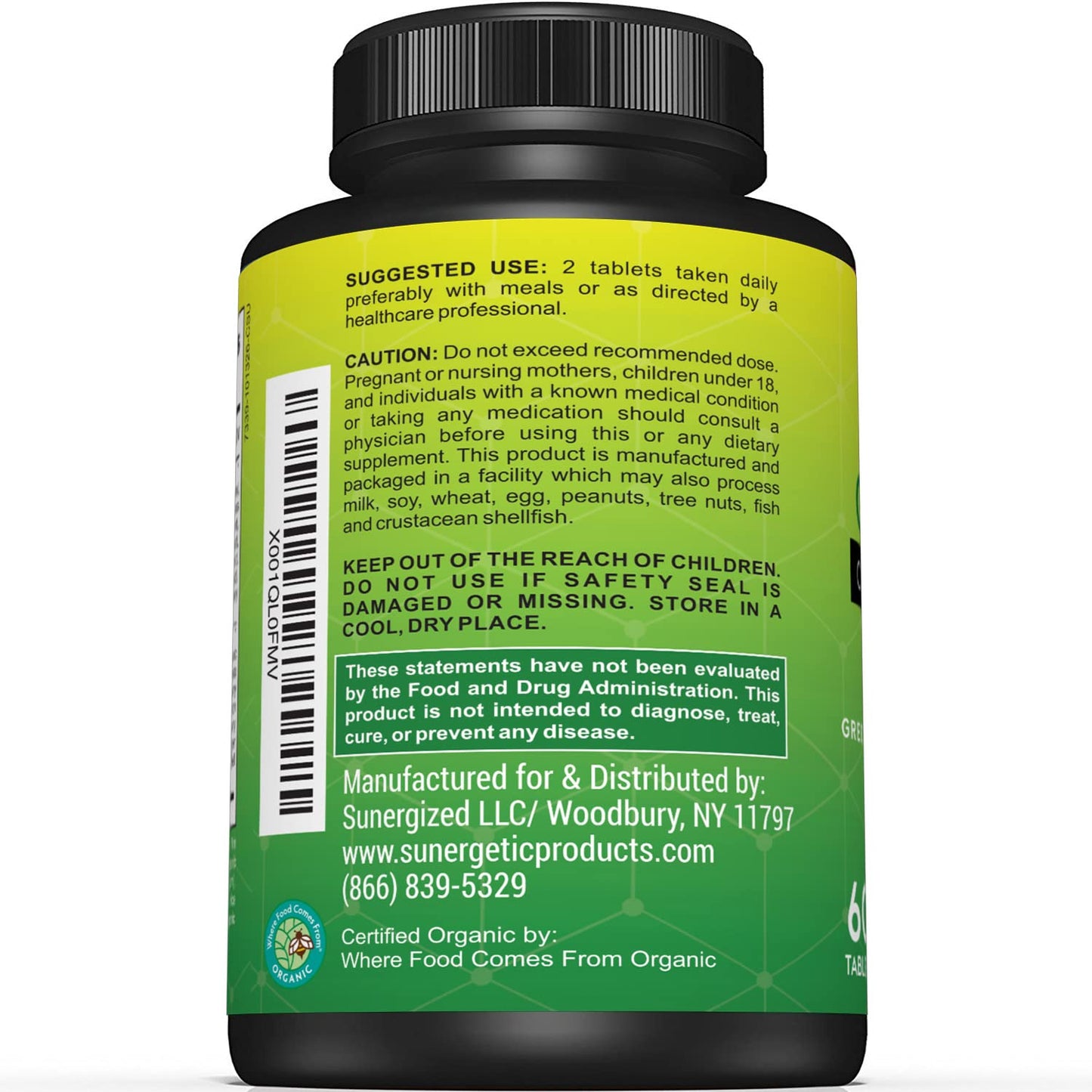Sunergetic Premium USDA Organic Greens Superfood Tablets, 60 Tablets