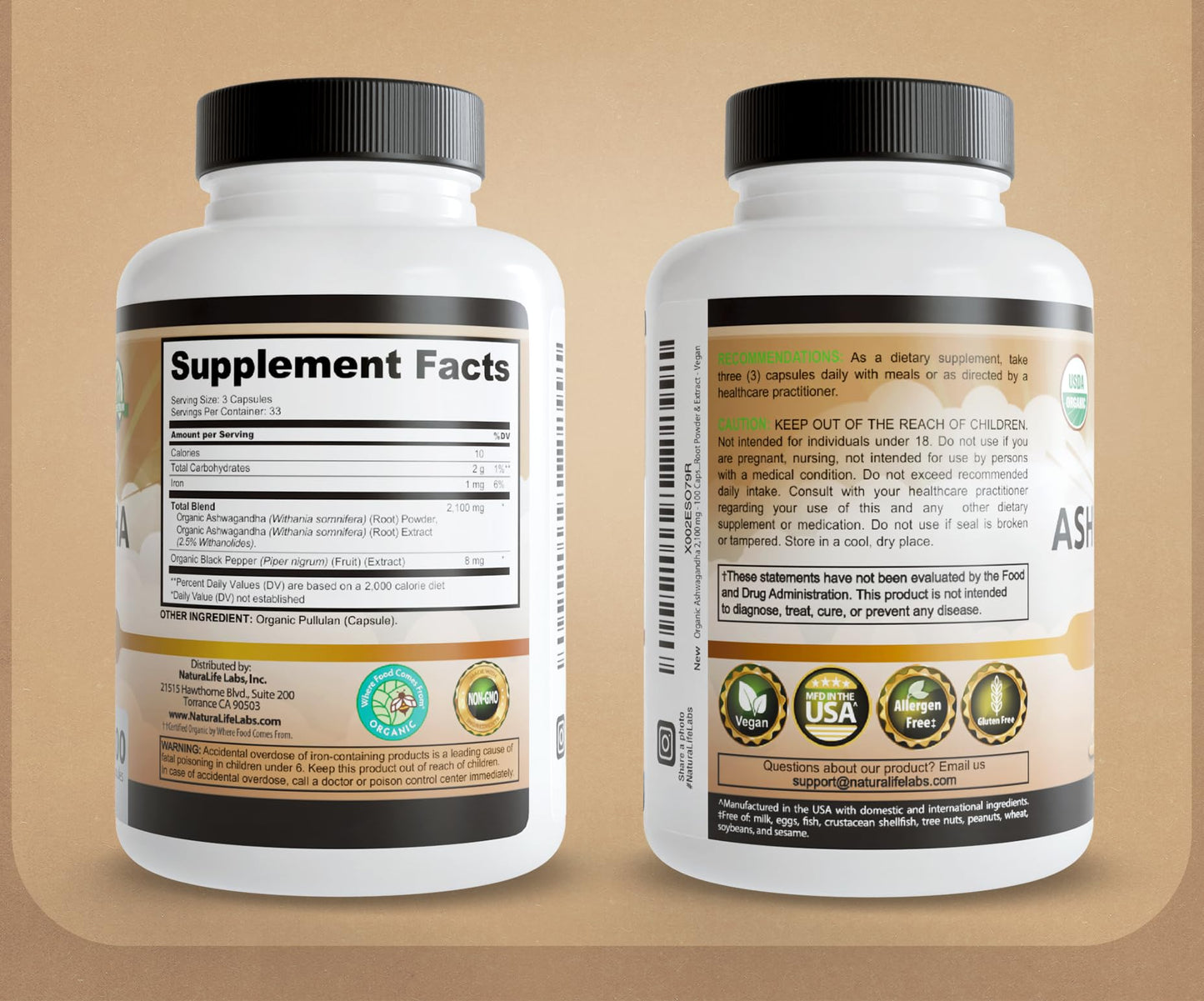 NaturaLife Labs Organic Ashwagandha 2100 mg per Serving – Full Spectrum Root Powder and Standardized Extract (Withanolides) Capsules, 200