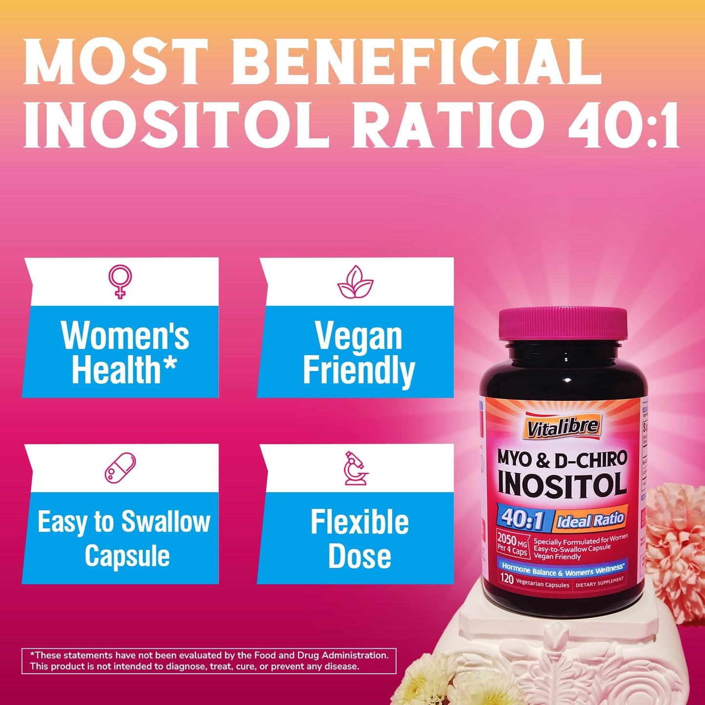 Vitalibre Inositol Supplement, Myo-Inositol & D-Chiro Inositol for Women, 40:1 Ideal Ratio, Hormone Balance and Women’s Wellness Capsule 120 Count