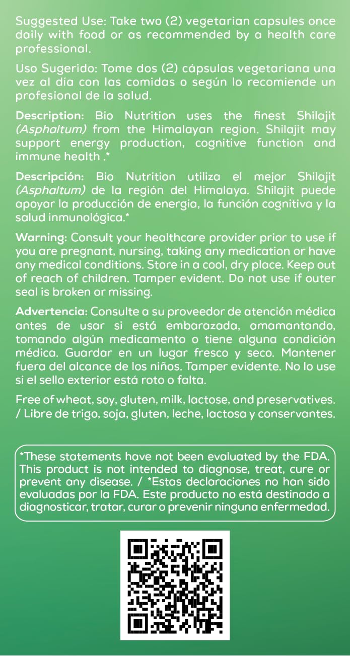 Bio Nutrition Shilajit (Asphaltum) Capsules 60 Count