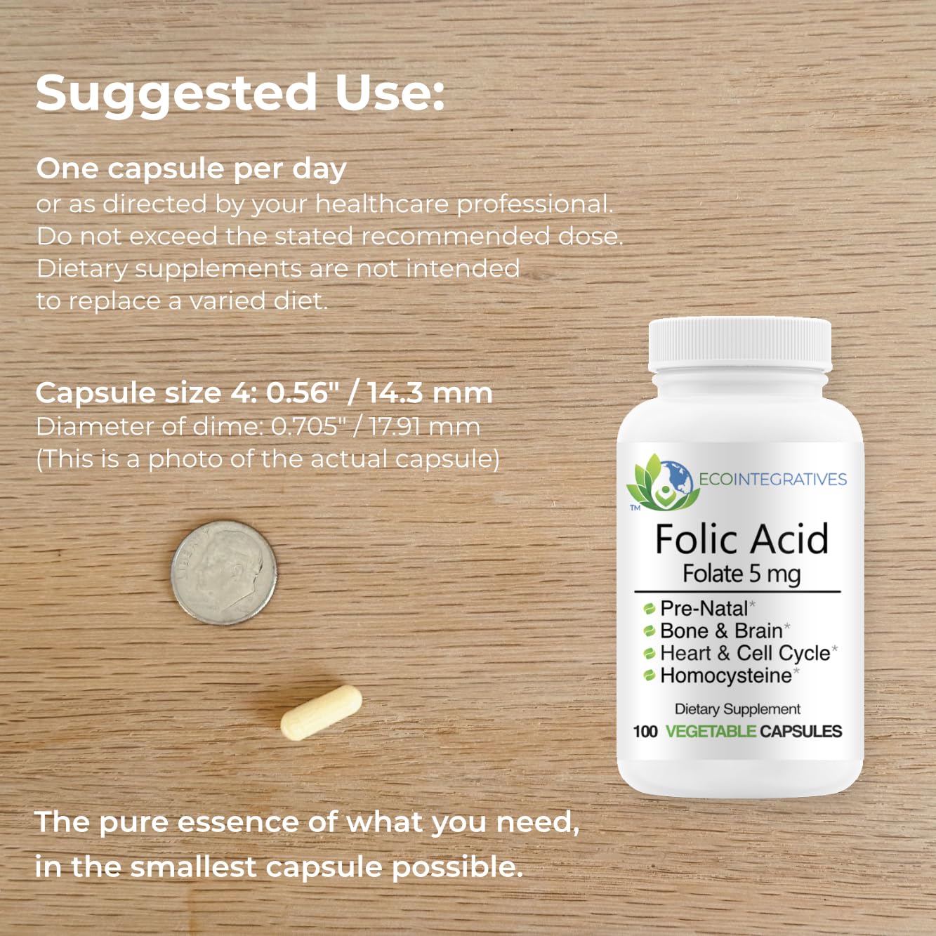 EcoIntegratives Folic Acid Folate 5mg (B9) Prenatal, Reproductive Health, Homocysteine, Metabolism, Cardiovascular, Bone, Immune Support, Allergen Free, Non GMO, 100 Capsules