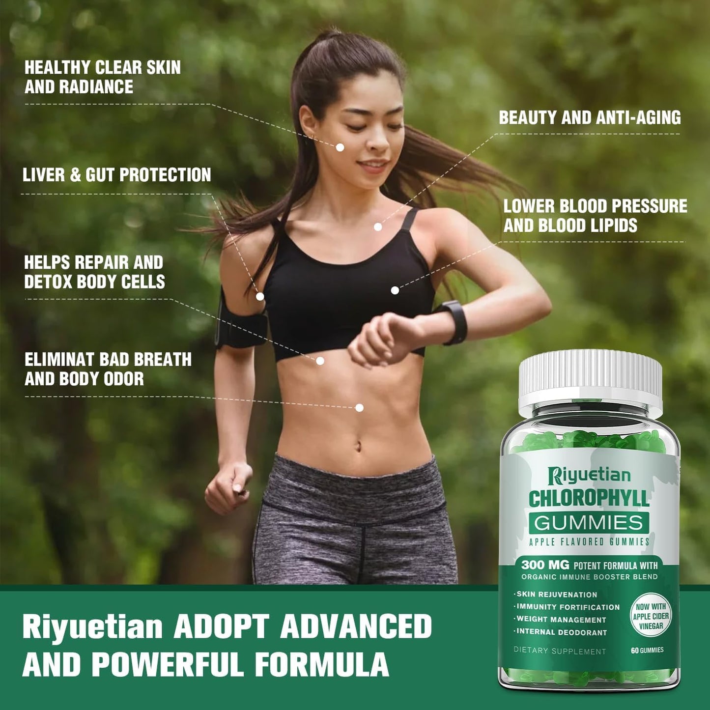 Riyuetian Sugar Free Chlorophyll Gummies with Unfiltered ACV, Sea Moss, Elderberry, Echinacea, Vitamin D3, C, E, B12, Vegan, 60 Gummies