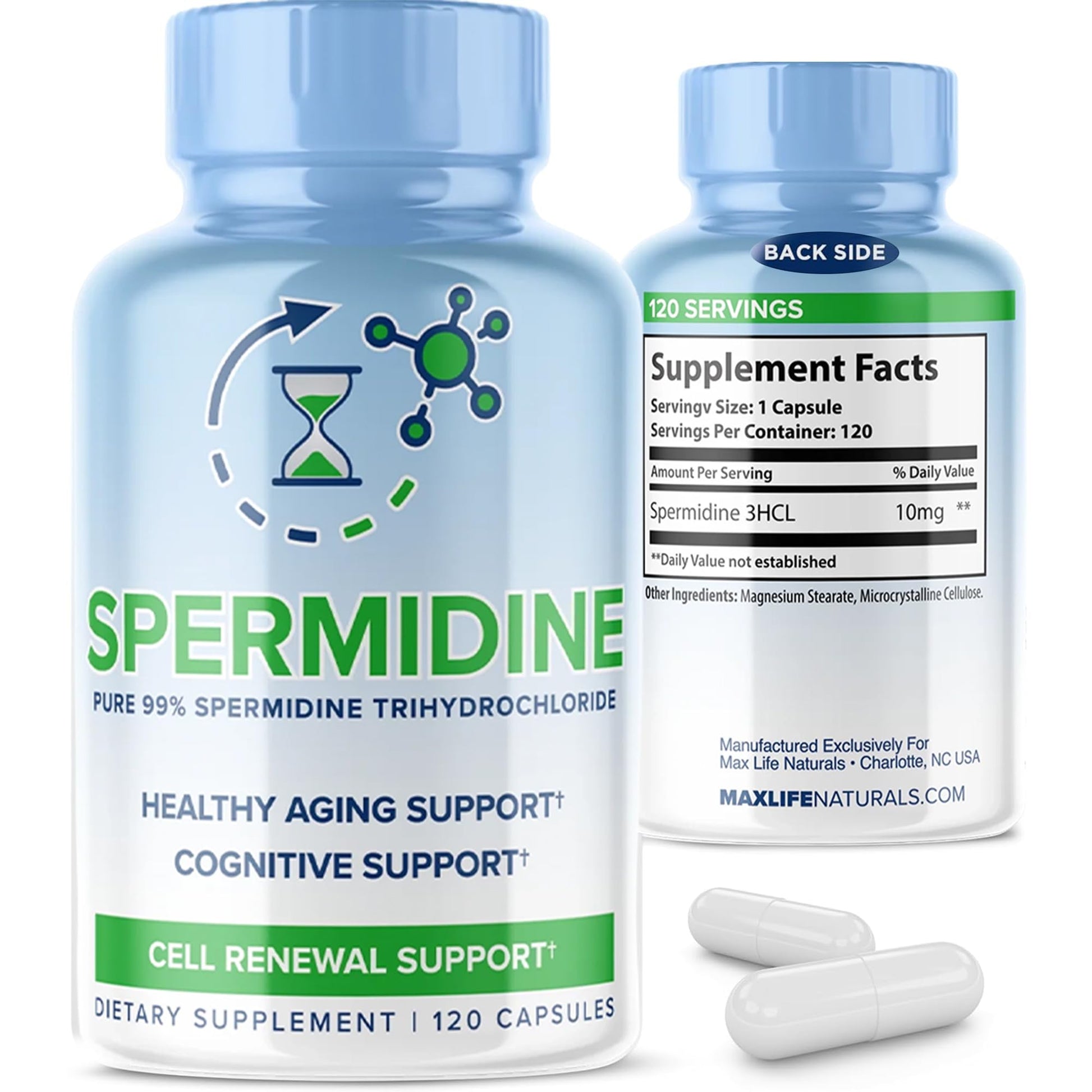 MAXLIFE NATURALS Spermidine Supplements Trihydrochloride 10mg Capsule, 120 Count