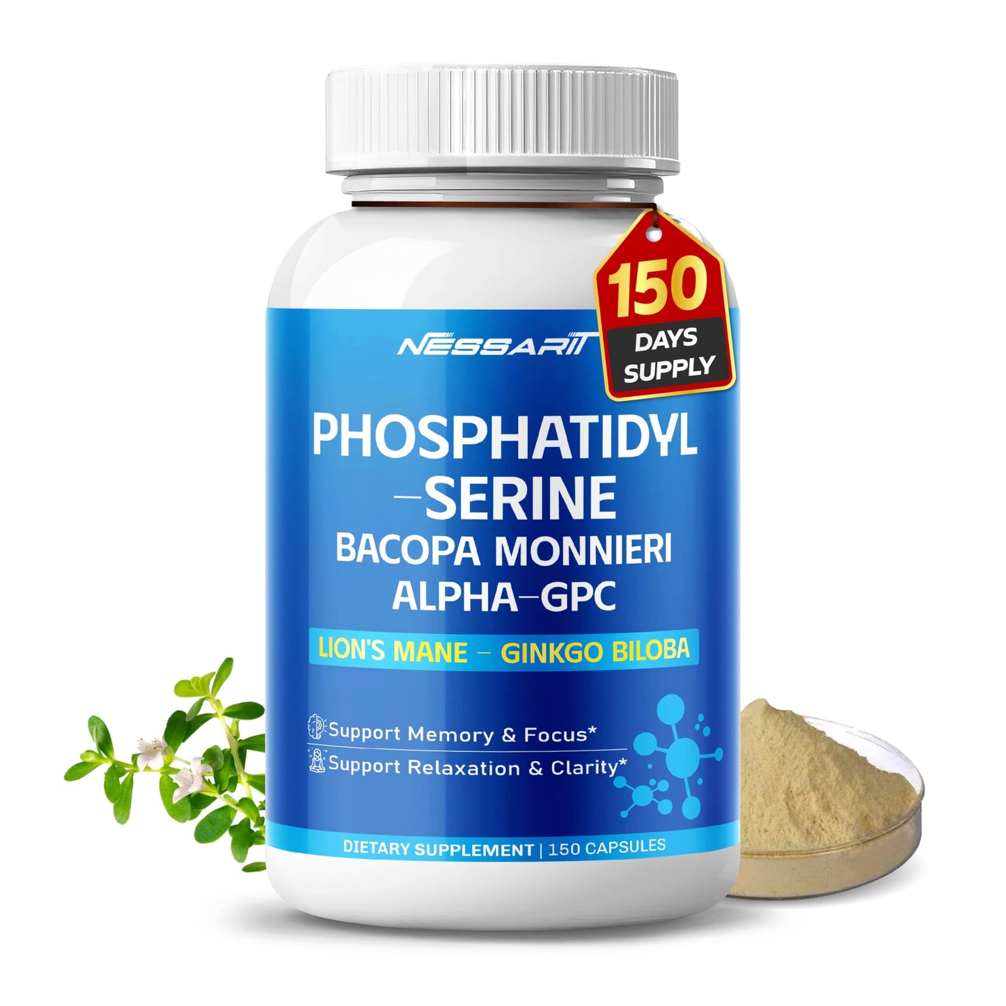 NESSARIT Phosphatidylserine, Bacopa, Alpha-GPC, Lion’s Mane & Ginkgo Capsules, 150 Capsules