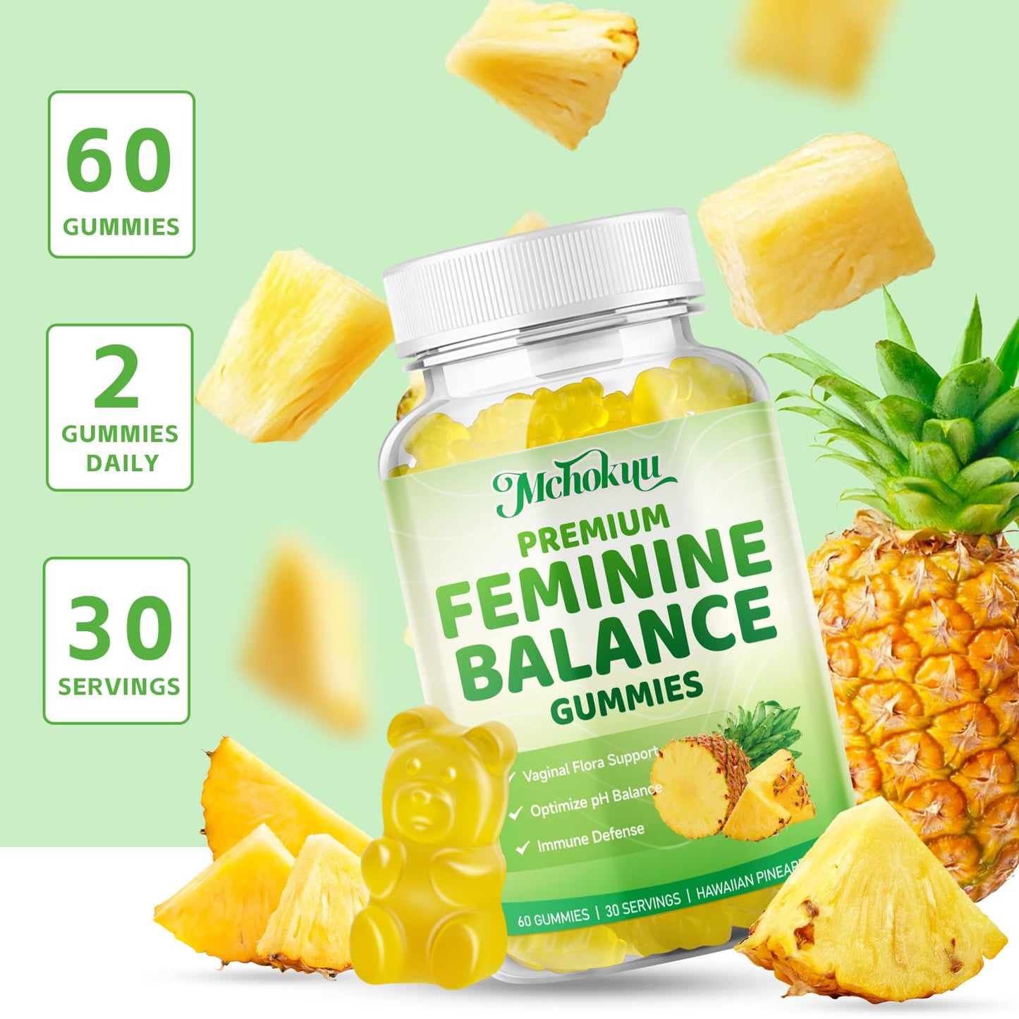 Mchokuu Premium Feminine Balance Gummies for Women pH Balance Support & Immune Health, Sugar Free, Non-GMO, Vegan, Gluten-Free - 60 Gummies