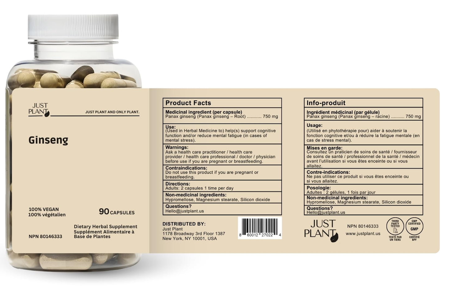 Just Plant Ginseng Root Extract Capsules 750 mg, 90 Count