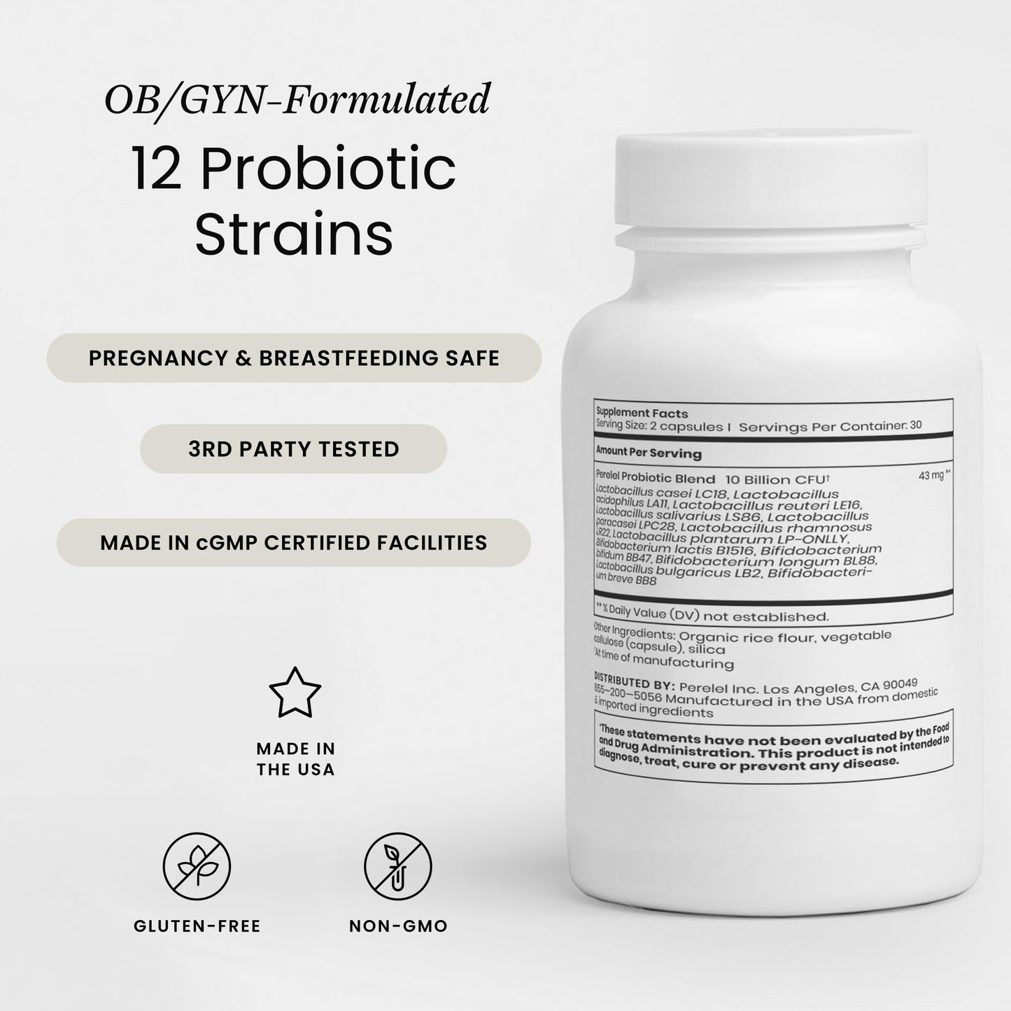 Perelel Daily Probiotic Women’s Supplement 10 Billion CFU, Soy & Gluten Free, Non-GMO, Shelf Stable, 60 Capsules