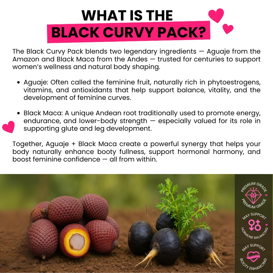 Curvy Fruit Maximum Booty Growth – Aguaje + Black Maca Pills for Women – Glute Volume Enhancer - Black Curvy Pack, 100 Capsules