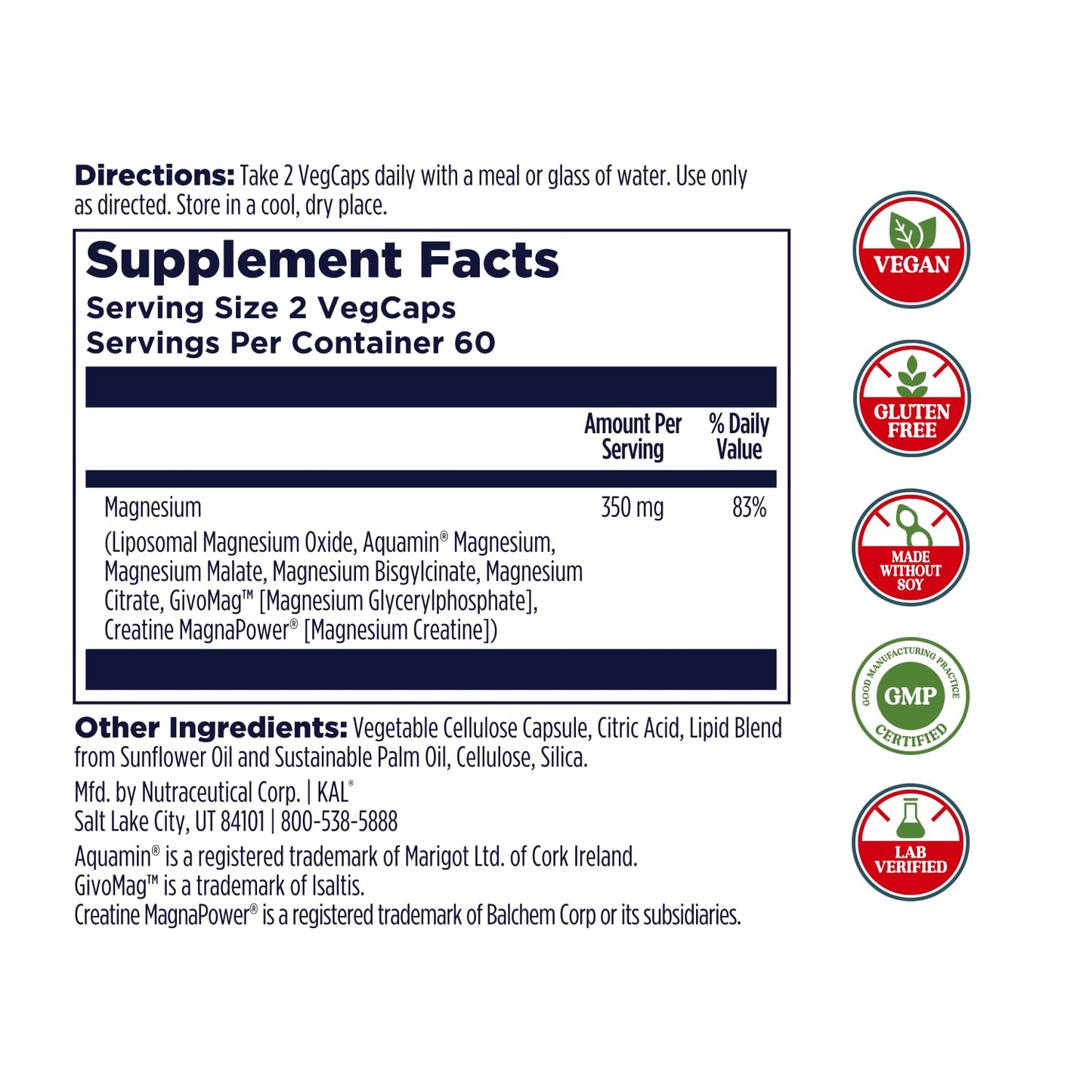KAL Magnesium Complex 7 - Total Complex with Magnesium Glycinate, Citrate, Malate and More Capsules, 120 Count