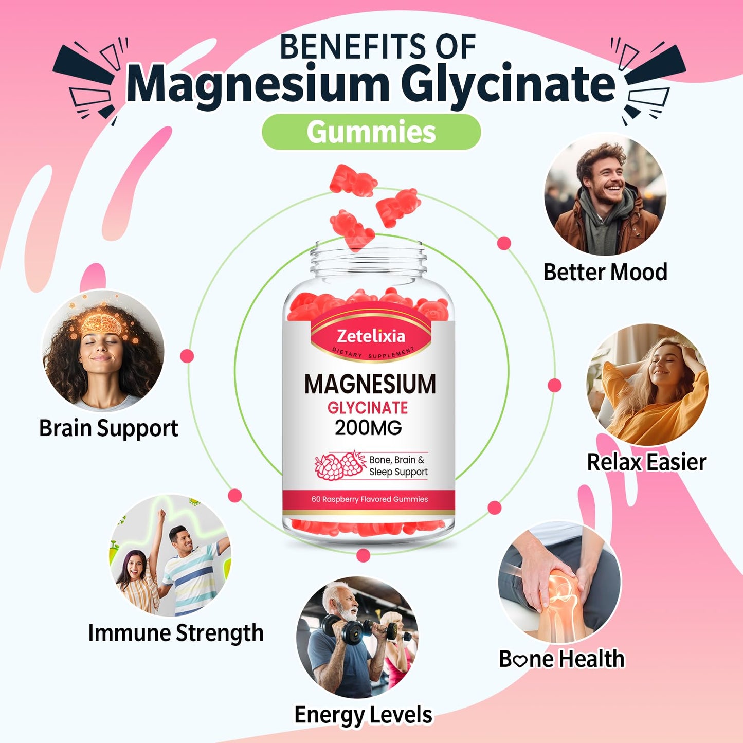 Zetelixia Magnesium Glycinate Gummies 200mg, 60 Count