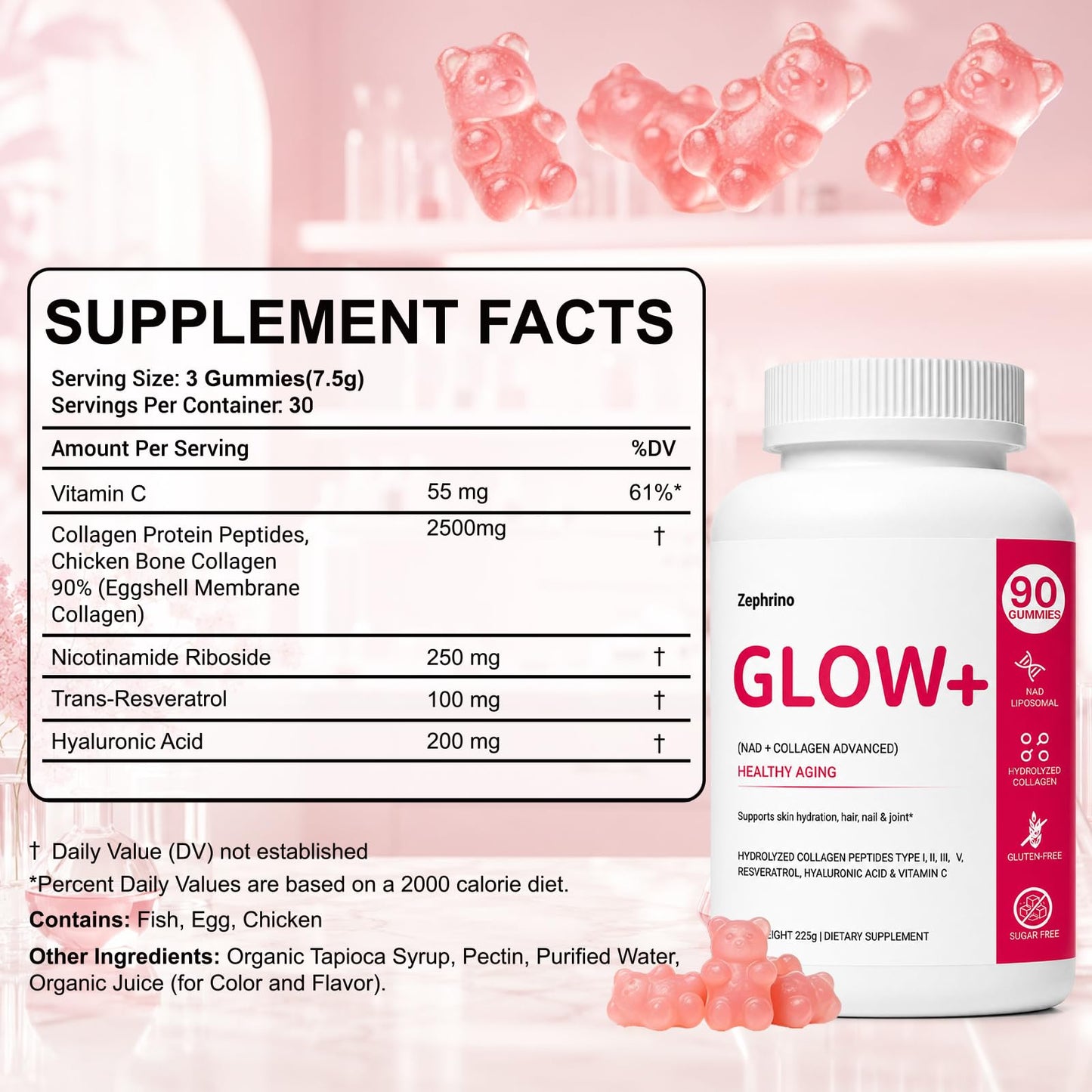 Zephrino Collagen Glow+ Gummies with NAD+ & Collagen Peptides, 90 Count