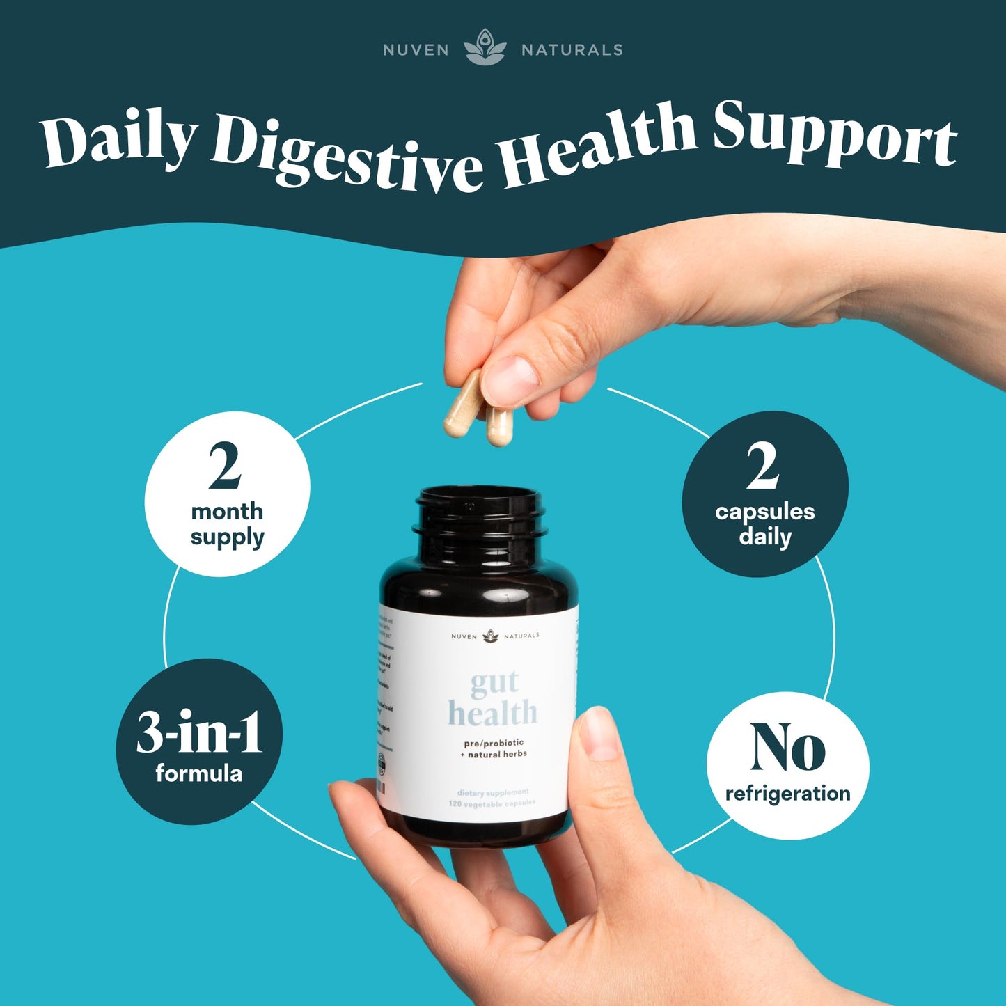 Nuven Naturals All-in-One Gut Health with Probiotics, Prebiotics, Digestion-Supporting Herbs, and Adaptogens Capsules 120