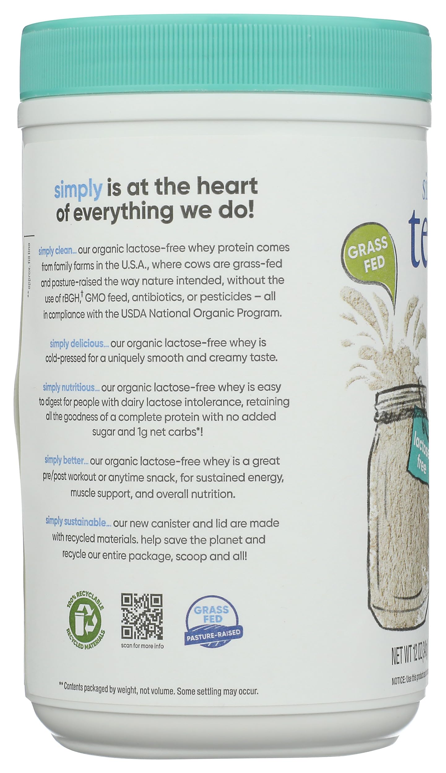 Simply Tera's Whey Protein Powder Plain Lactose Free Organic, 12 Ounce