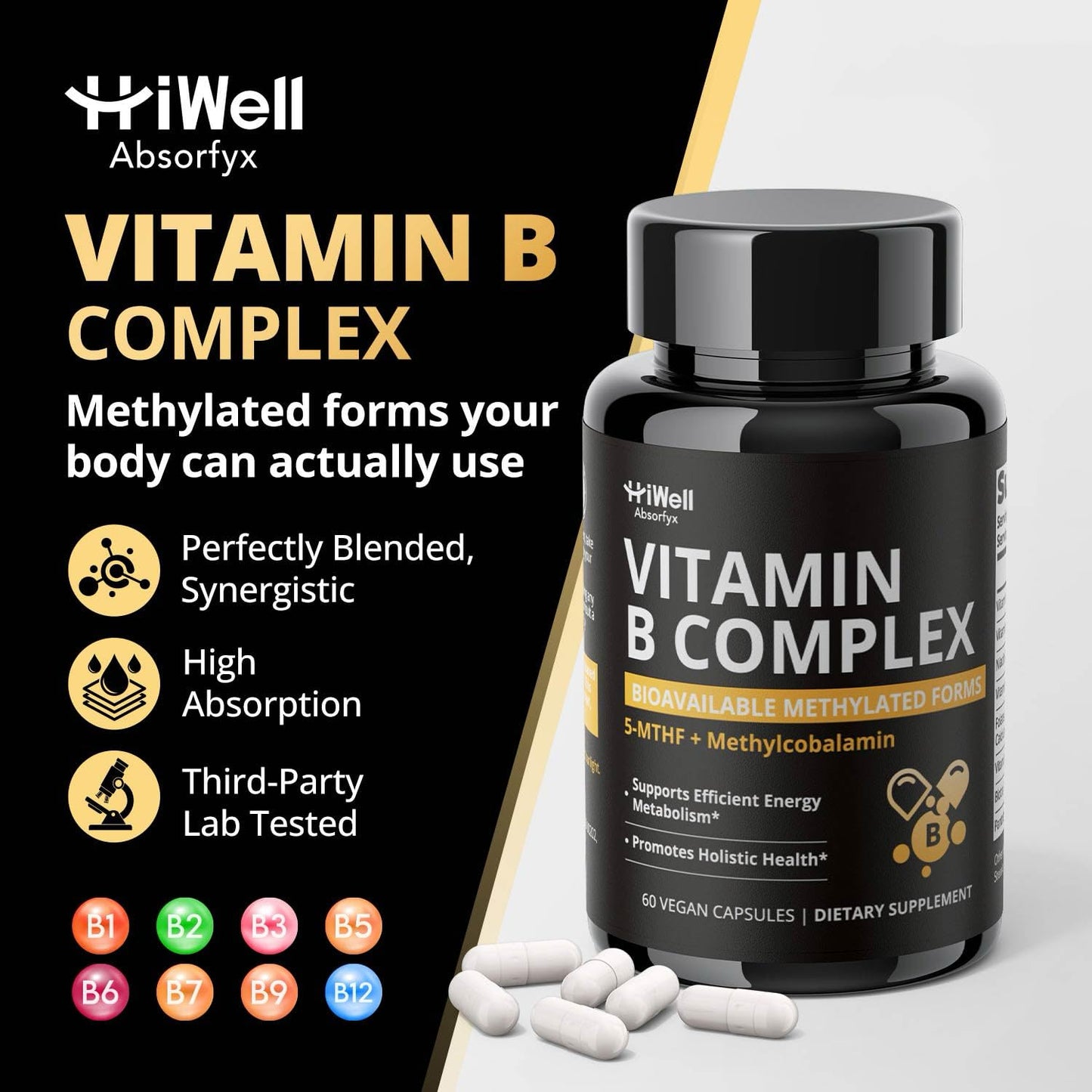 HiWell Absorfyx Methylated Vitamin B Complex with Methylfolate & Methyl B12, High Absorption Active Forms for Energy, Brain Health & Mood Support, 60 Capsules