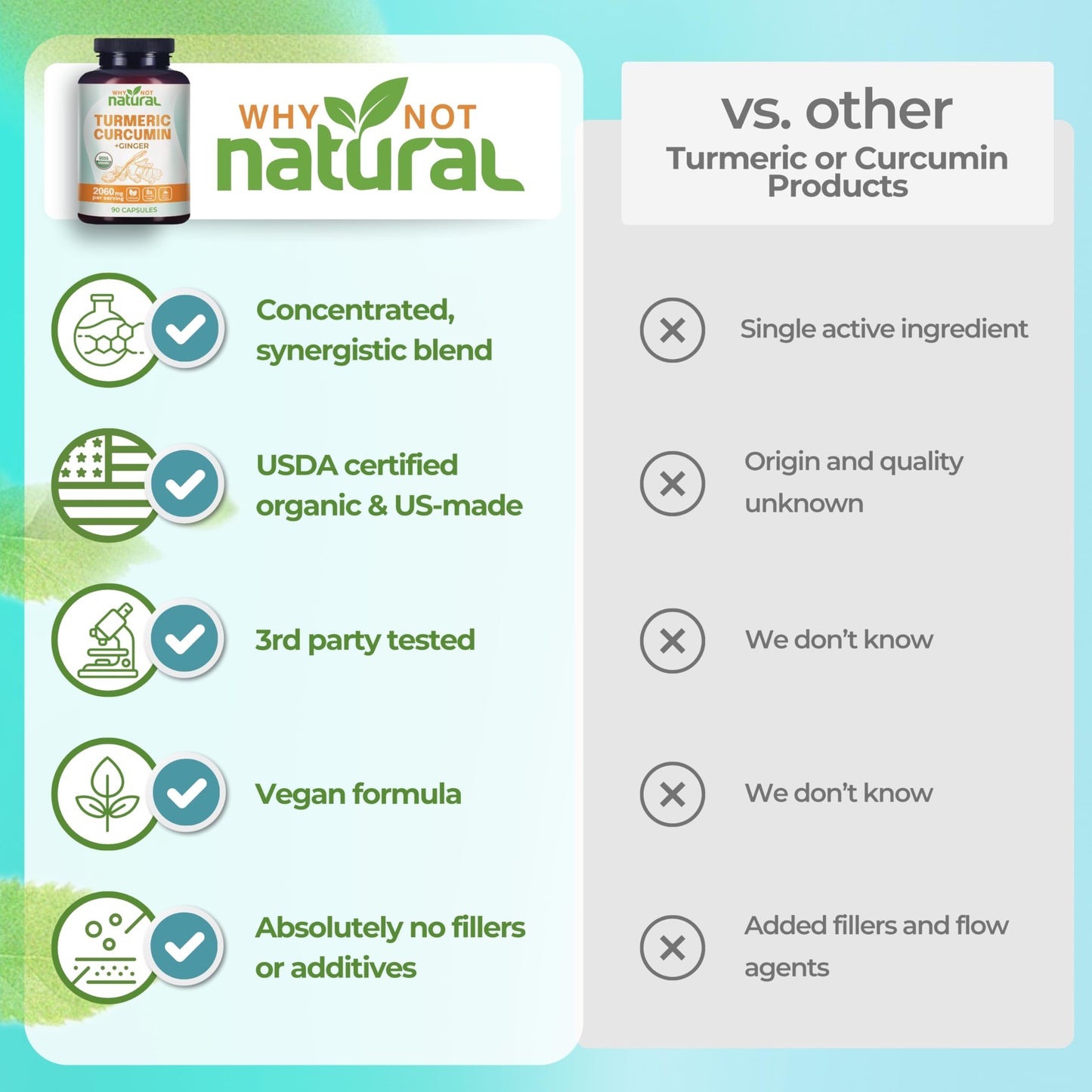 Why Not Natural Organic Turmeric Curcumin Supplement with Ginger and Black Pepper - Tumeric Capsule 90 Count