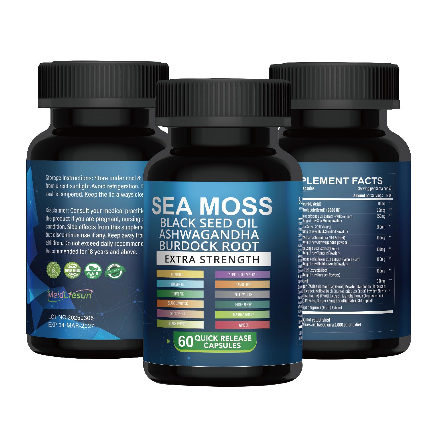Meidlfesun Organic Sea Moss Capsules with Black Seed Oil & Ashwagandha, 60 Capsules