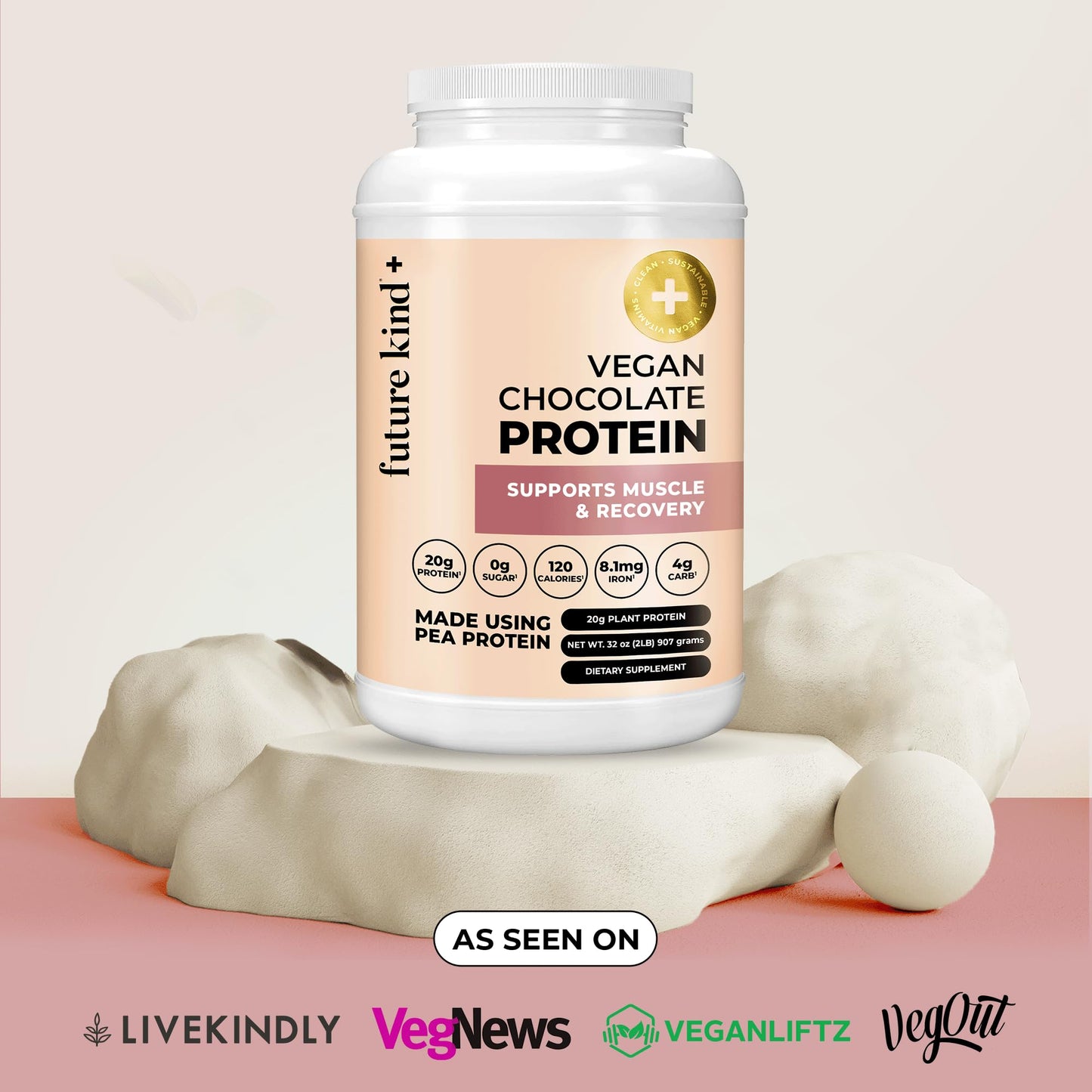 Future Kind Vegan Protein Powder Chocolate, Pea Plant Protein for Lean Muscle with Iron & Fiber, Whey-Free, Sugar-Free, Soy-Free, Non-Dairy, 32 Servings