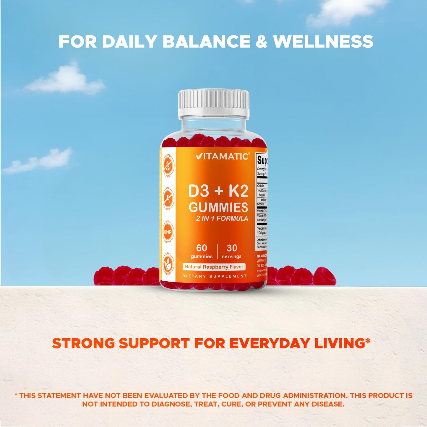 Vitamatic Vitamin D3 & K2 Gummies, 120 Count
