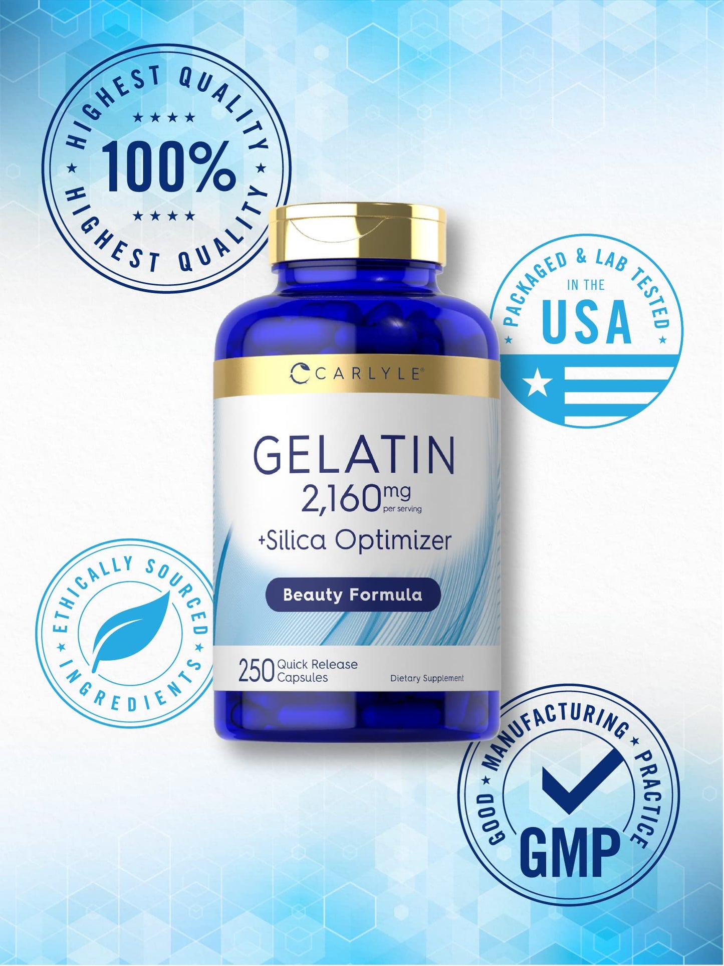 Carlyle Gelatin Capsules 2160 mg, 250 Count, with Silica Optimizer, Non-GMO, Gluten Free