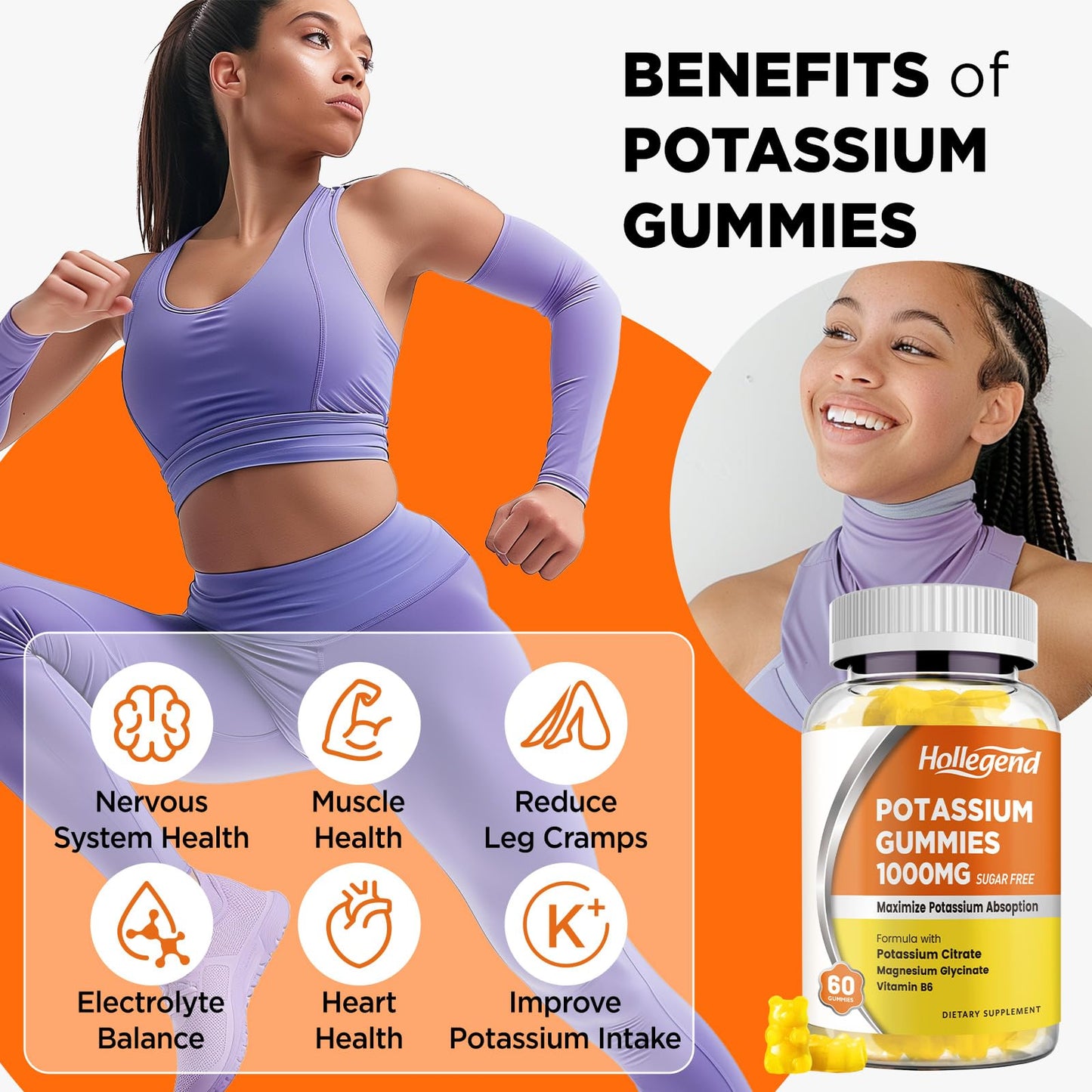 HOLLEGEND Potassium Gummies 1000mg, Maximize Absoption Blend with Vitamin B6 Magnesium, Potassium Citrate Supplement for Adults, Sugar Free, 60 Count