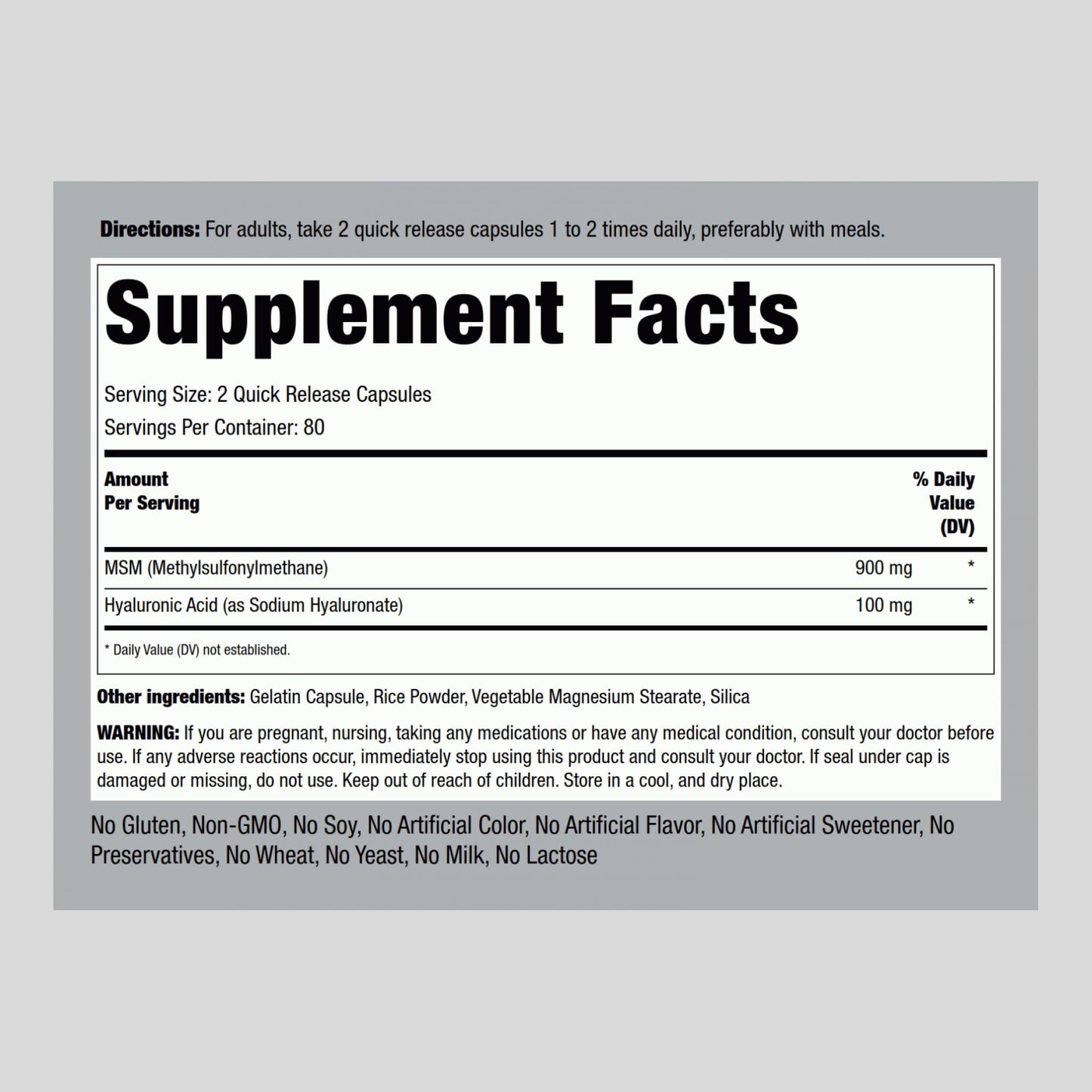 Piping Rock Hyaluronic Acid Supplement 100mg 160 Capsules