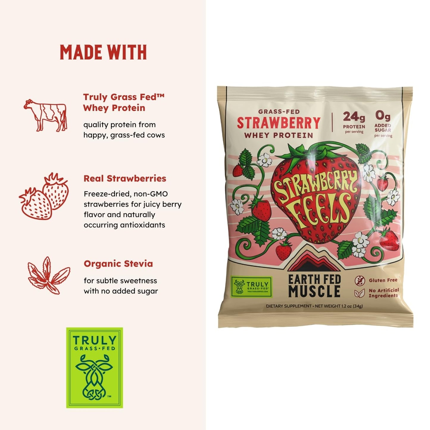 Earth Fed Muscle Whey Back Irish Grass Fed Whey Protein Isolate, Single-Serve Packet, Strawberry Feels Forever, 1.2 oz