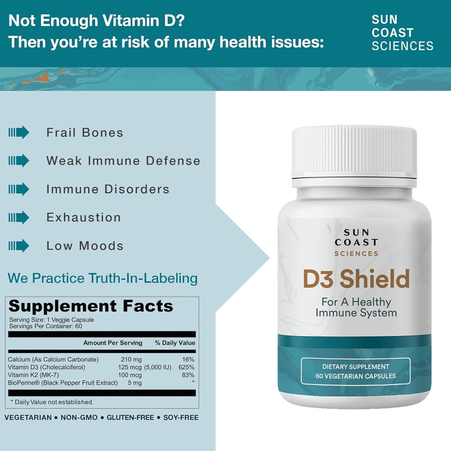 Sun Coast Sciences D3 Shield Vitamin D3 5000 IU for Immune Support and Bone Health, 60 Vegetarian Capsules