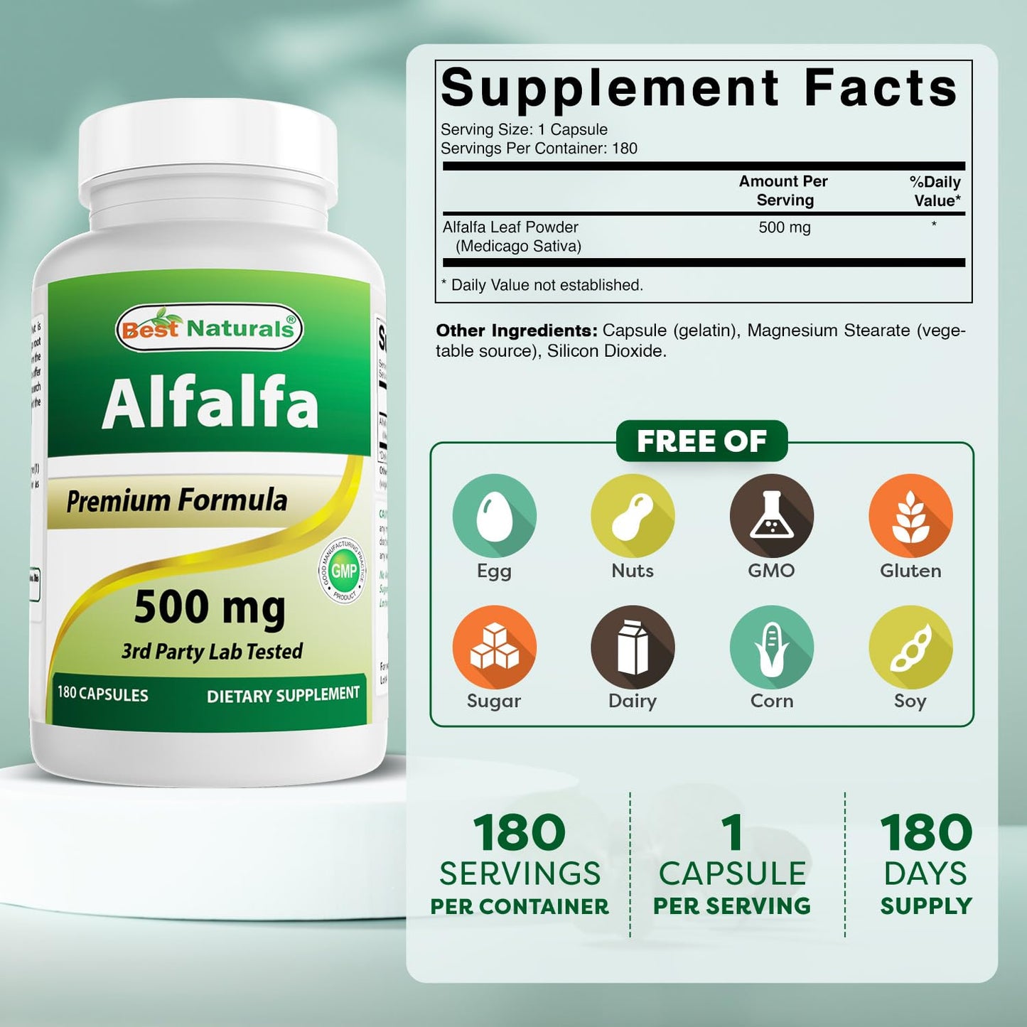 Best Naturals Alfalfa Green Super Food 500 mg Capsules, 360 Count