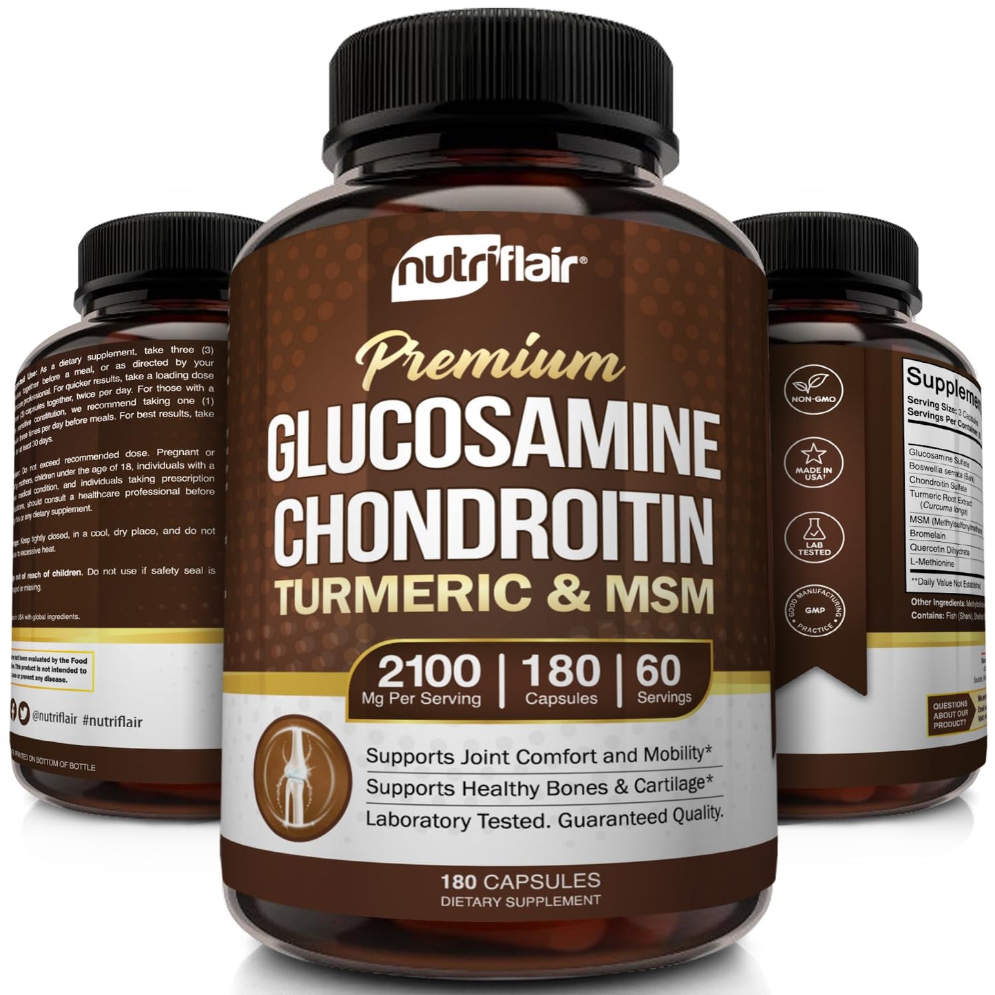NutriFlair Glucosamine Chondroitin Turmeric MSM Boswellia Capsules, 90 Count