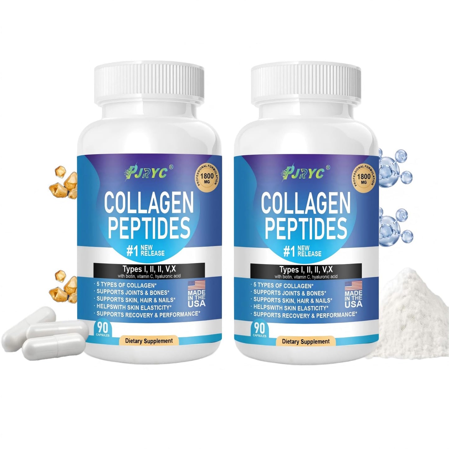 PJRYC Multi Collagen Peptides for Women & Men, 180 Capsules
