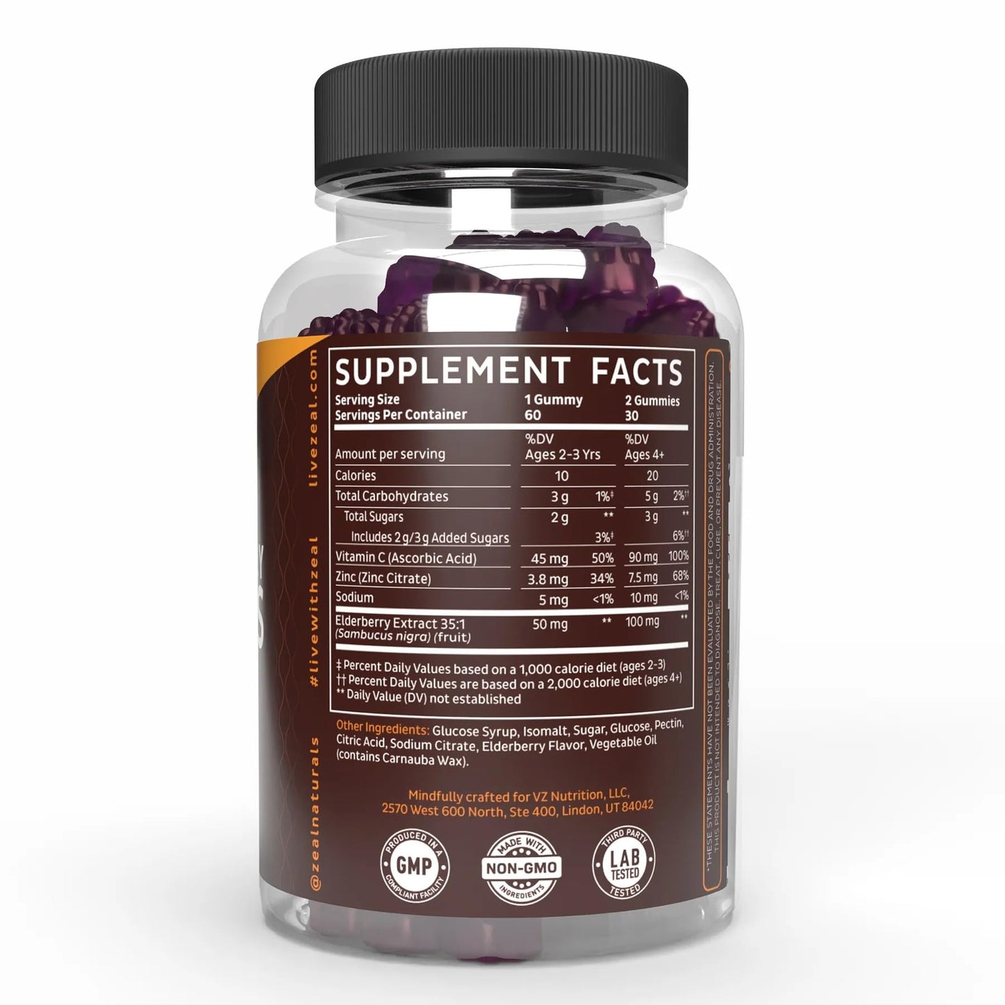 Zeal Naturals Sambucus Elderberry Gummies with Zinc and Vitamin C, 60 Count