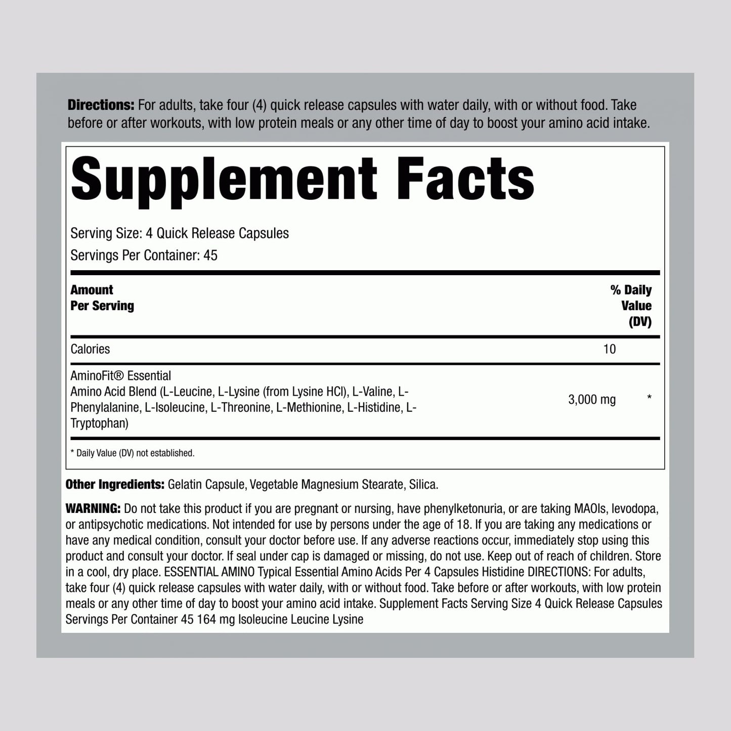 Piping Rock Essential Amino Acids Capsules 3000mg, 180 Count