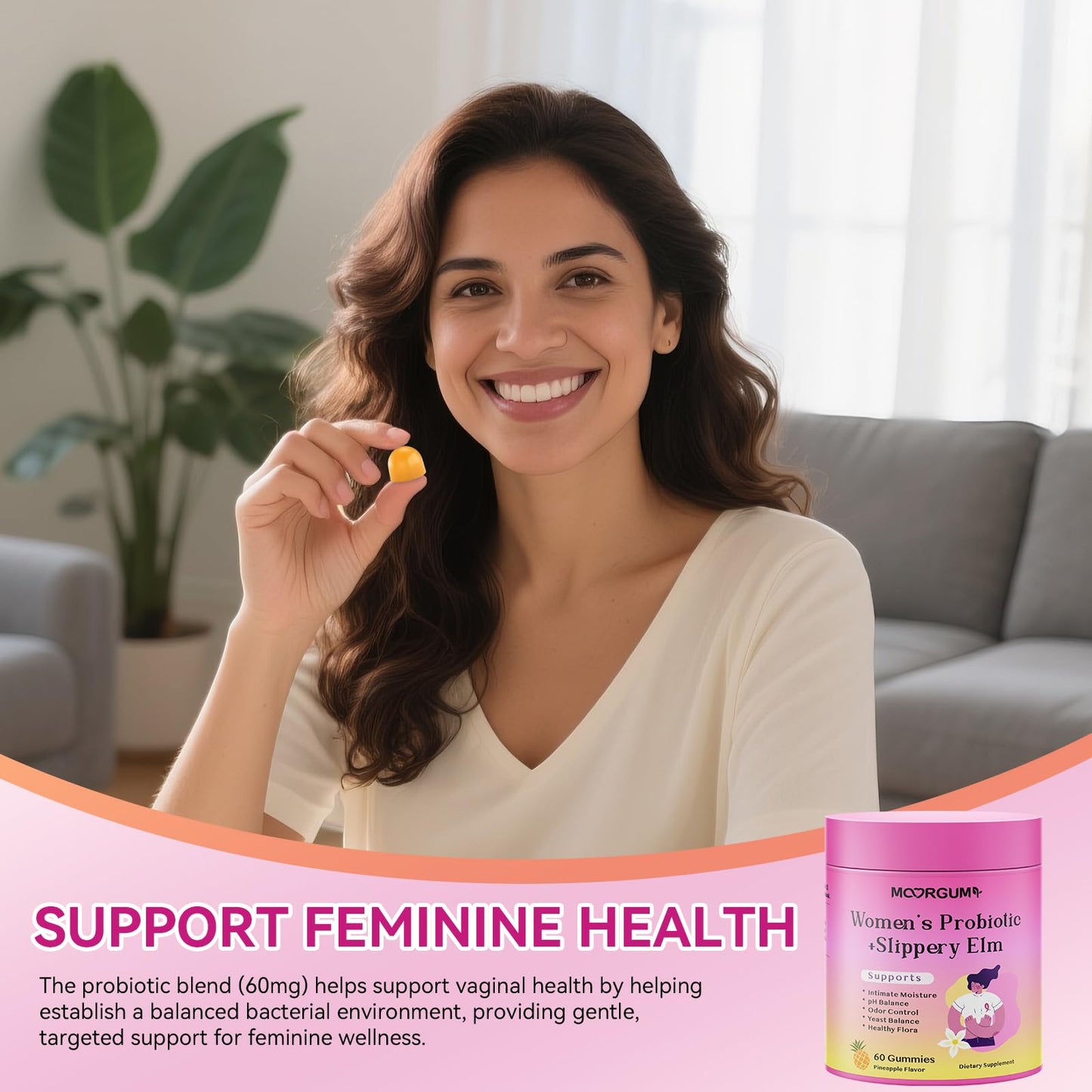 MOORGUMY Women's Probiotic Gummies with Slippery Elm, Prebiotics & Lactobacillus Blend for Gut Health, Women's Wellness, pH Balance & Intimate Support, 60 Gummies
