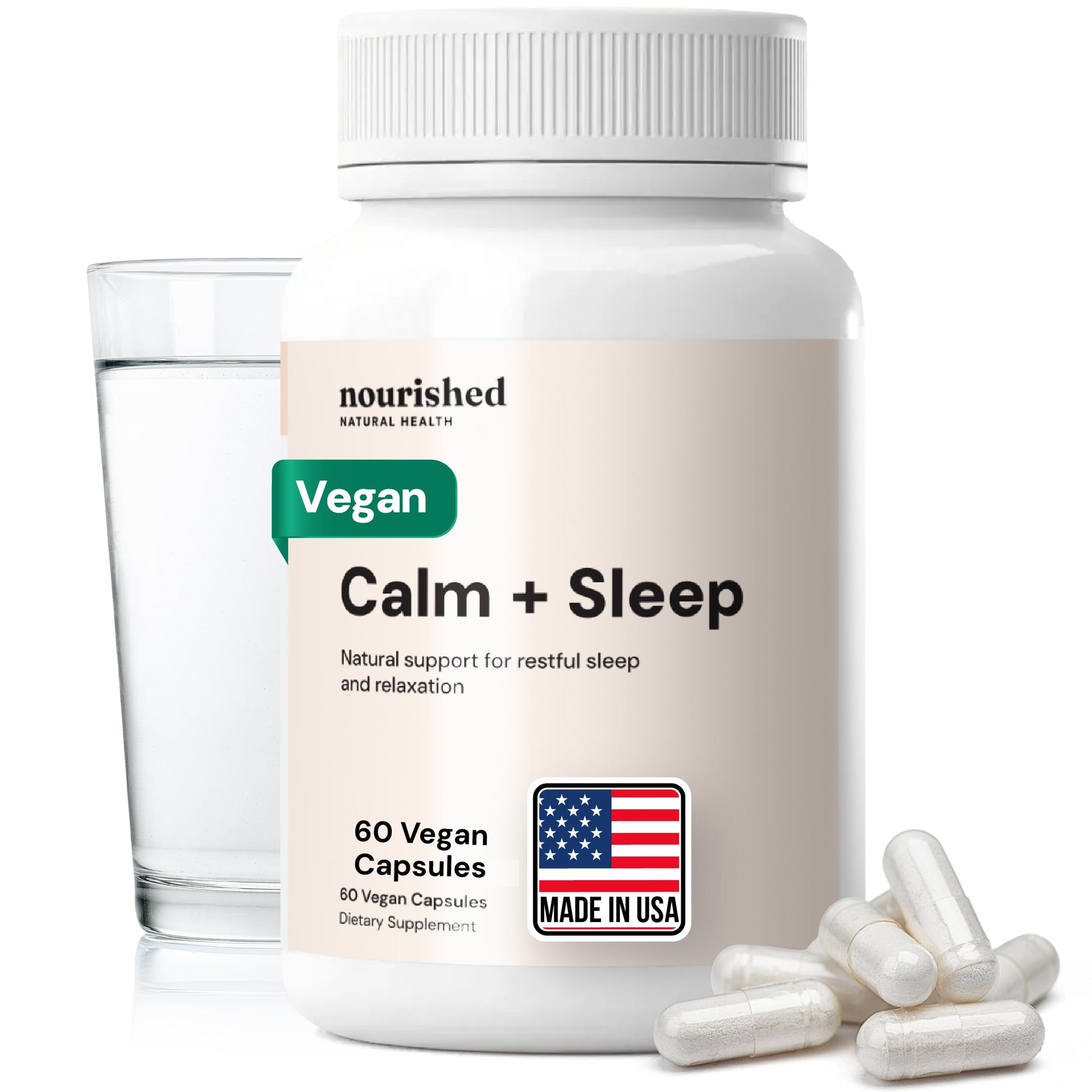 Nourished Natural Health Calm + Sleep – Relaxation & Melatonin-Free Sleep Supplement for Women, Cortisol Support with Ashwagandha, L-Theanine, Magnesium & Valerian Root – Vegan & Non-GMO – 60 Capsules