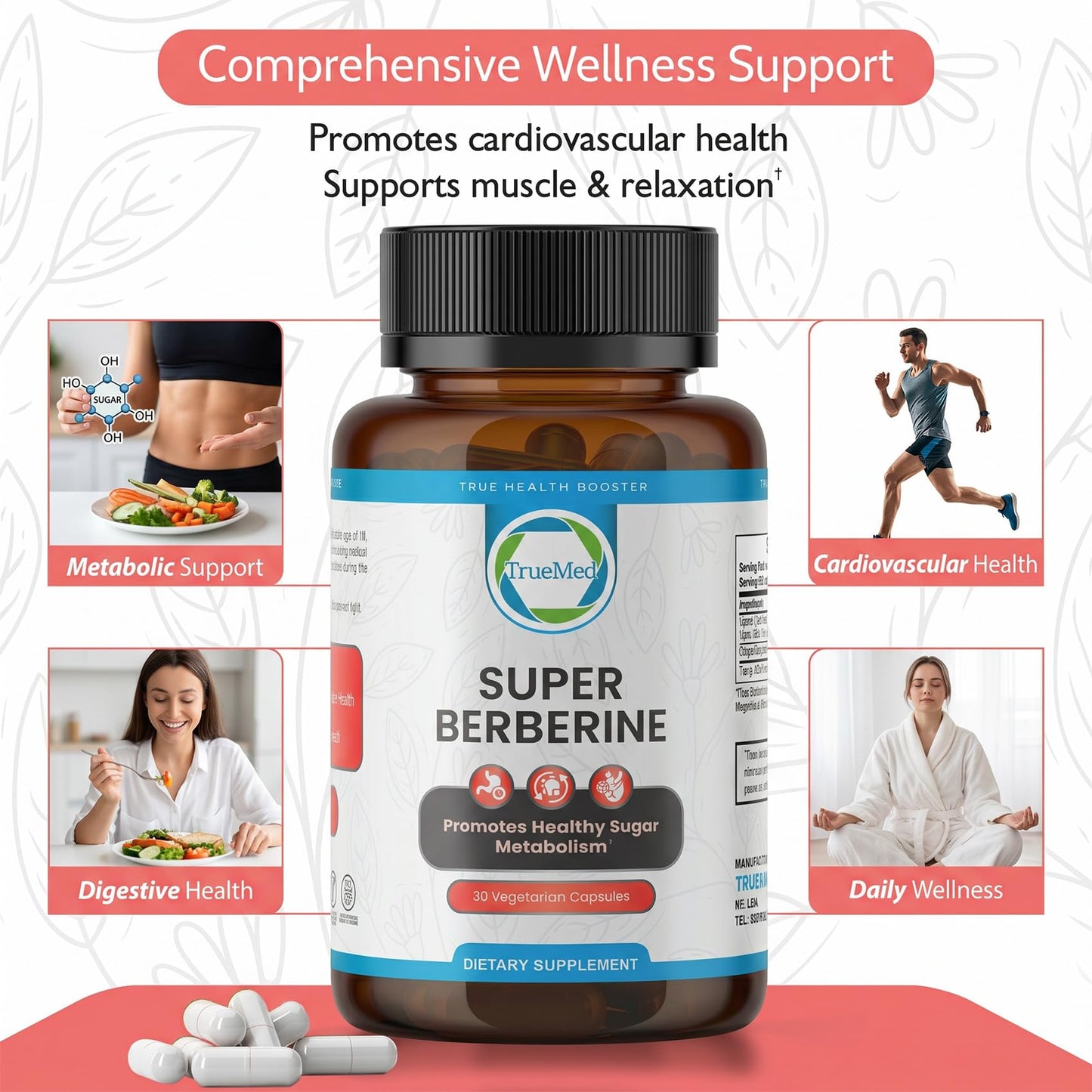 TRUEMED Super Berberine 250mg & Ceylon Cinnamon 4000mg Capsule, 30 Count