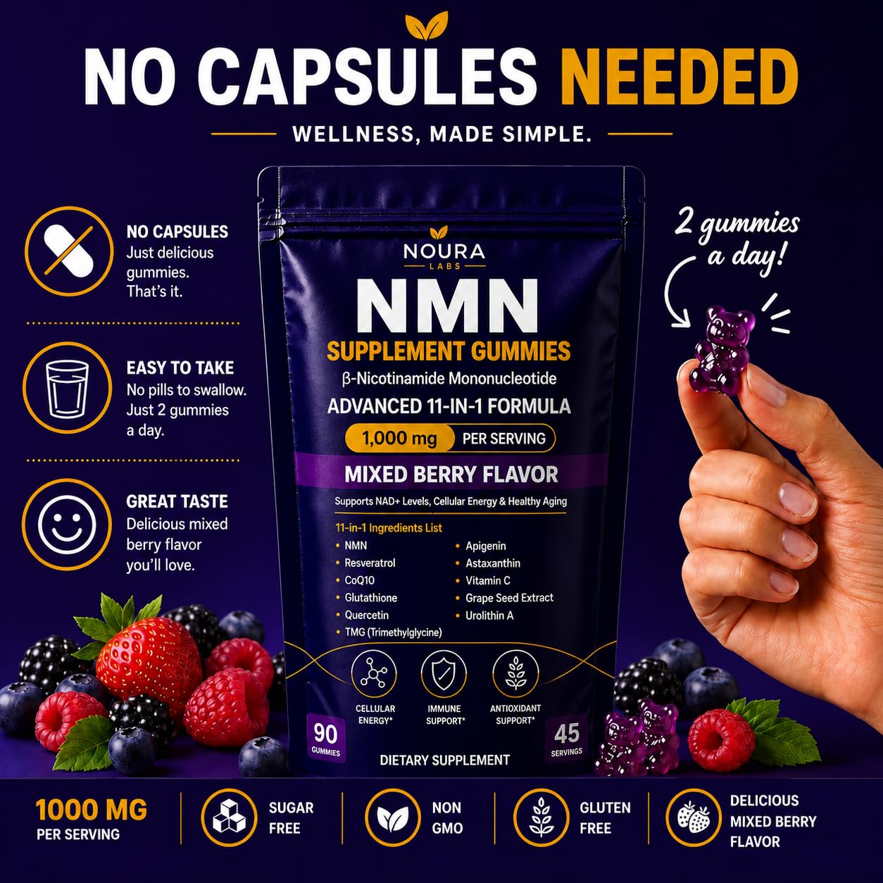 Noura Labs NMN 1000mg Gummies NAD+ Supplement, Mixed Berry, 90 Count