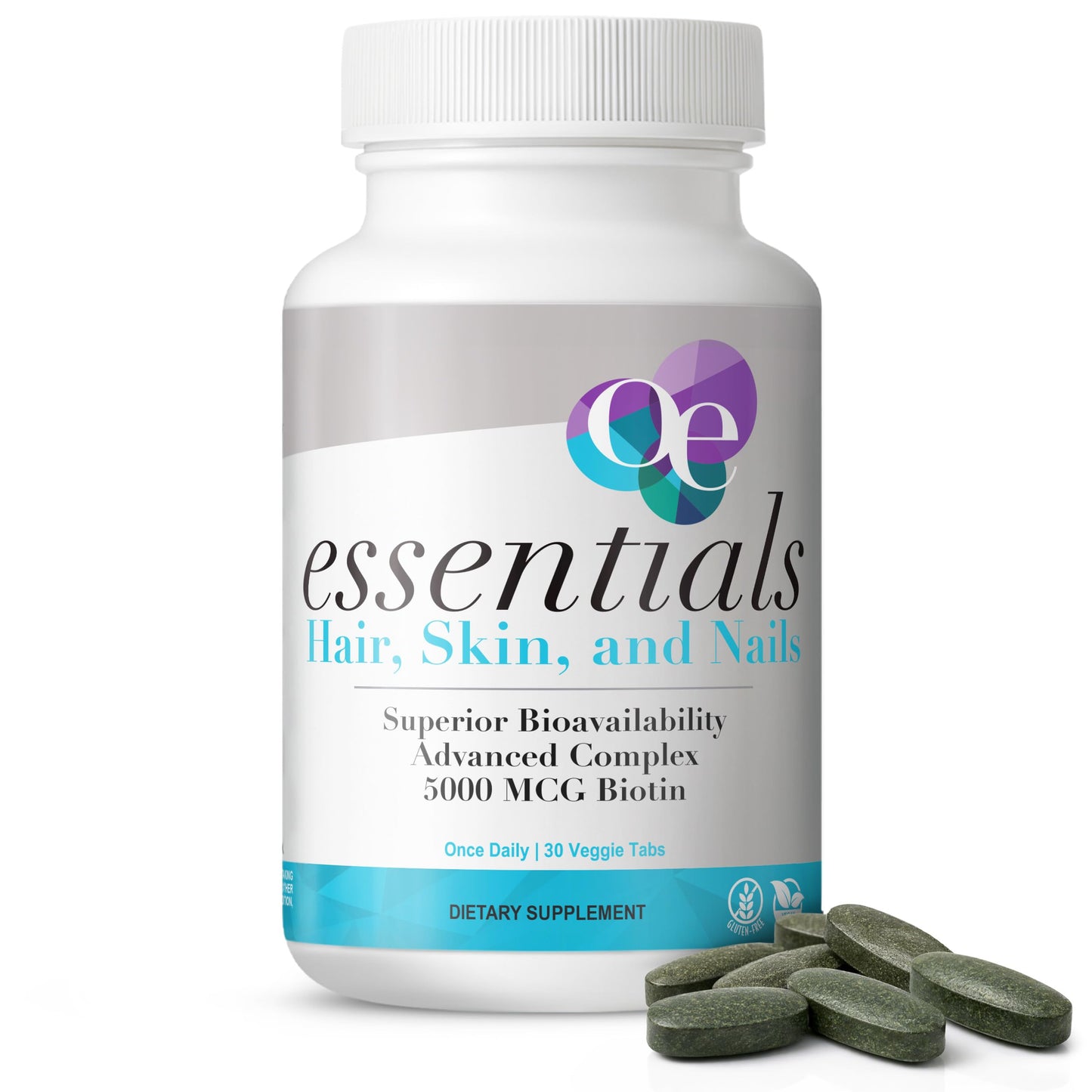 Organic Excellence Hair, Skin & Nails Biotin Supplement 5000 mcg with Hyaluronic Acid Tablets, 30 Count