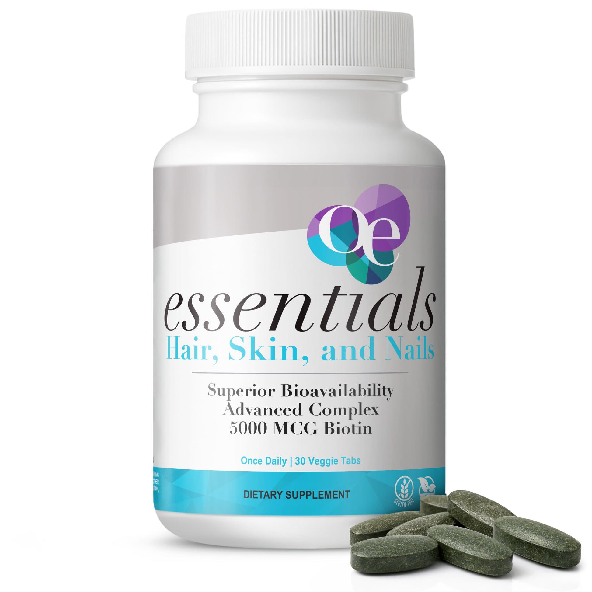 Organic Excellence Hair, Skin & Nails Biotin Supplement 5000 mcg with Hyaluronic Acid Tablets, 30 Count