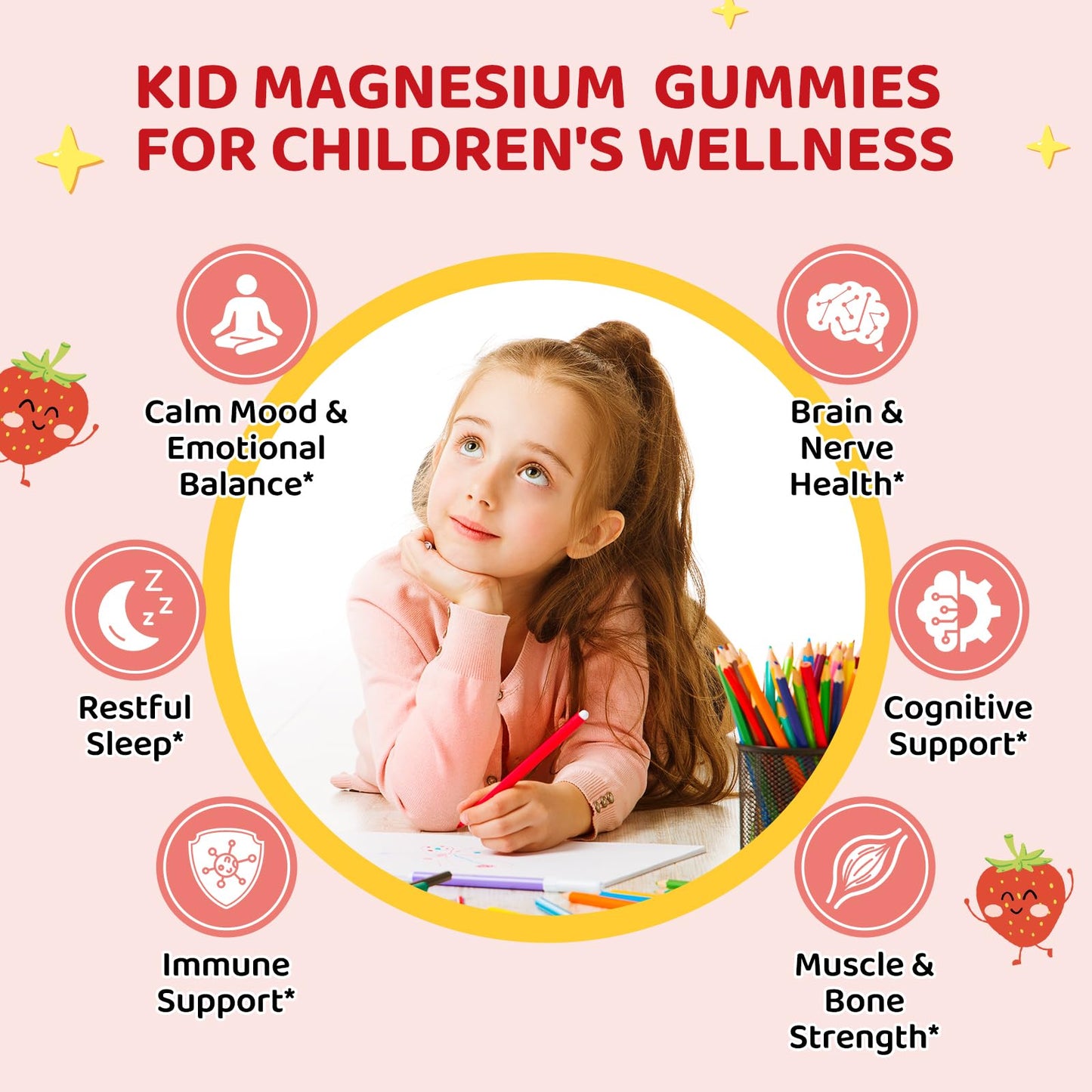 Hovika Magnesium Gummies for Kids & Adults with L-Theanine, Chamomile & Multivitamins, Sugar-Free Strawberry Flavor, 120 Gummies