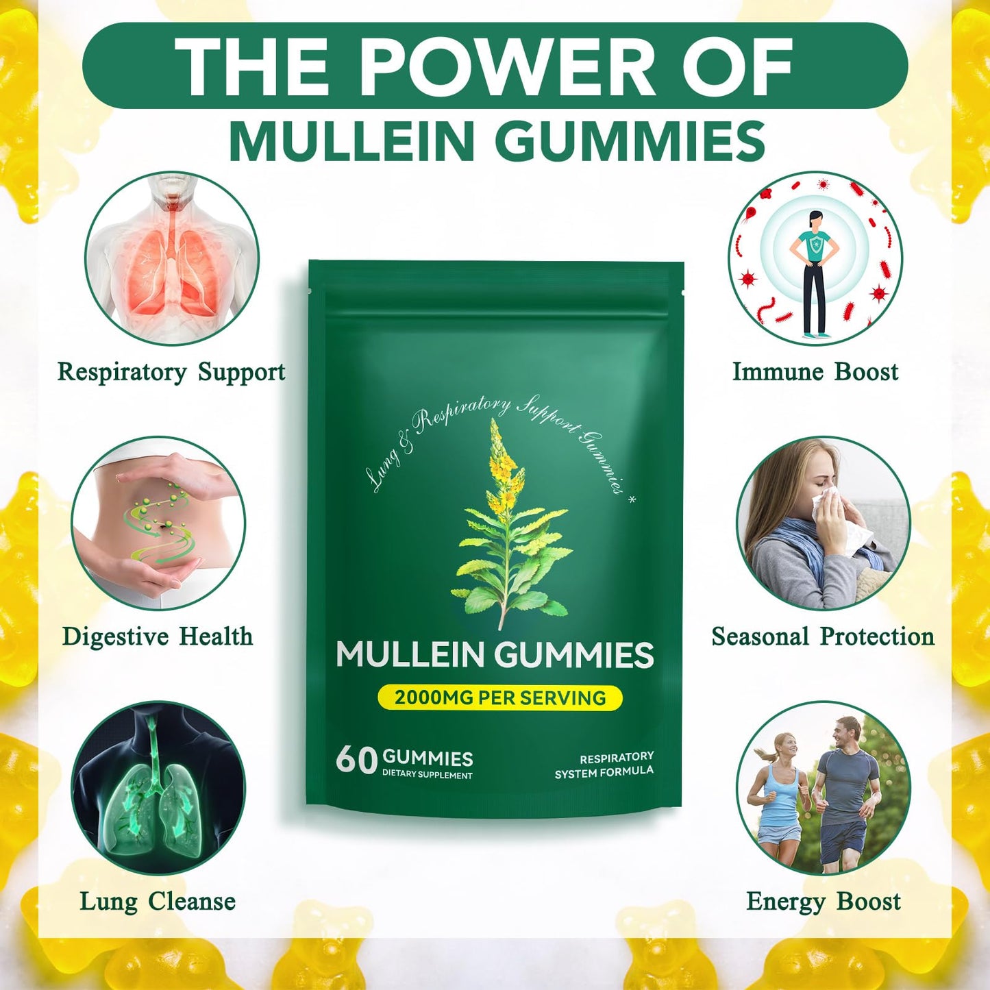 Ruduwu Mullein Gummies for Lung Detox, 2000mg Mullein Leaf Extract, Respiratory, Digestive & Immune Support, Organic Mullein Herb Supplement, Vegan, 60 Gummies
