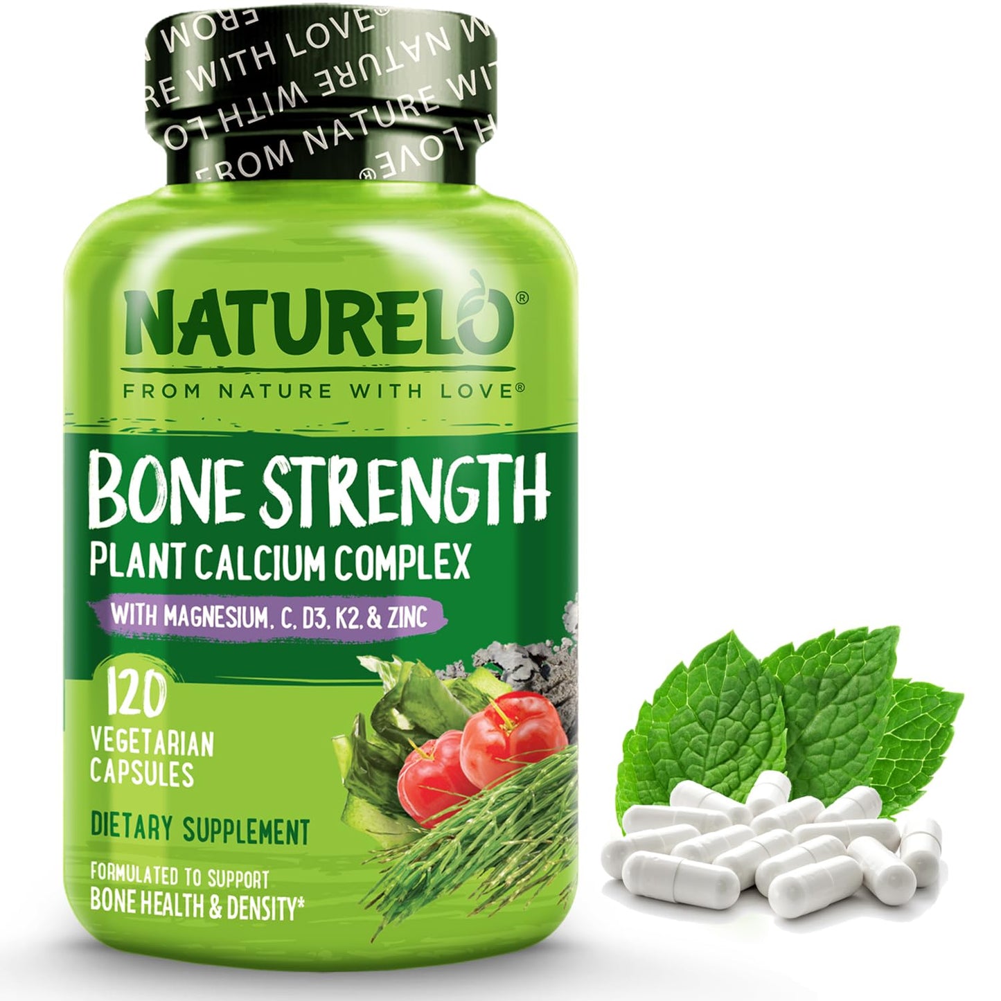 NATURELO Calcium 600mg Supplement for Bone Strength with Vitamin D3, 120 Capsules
