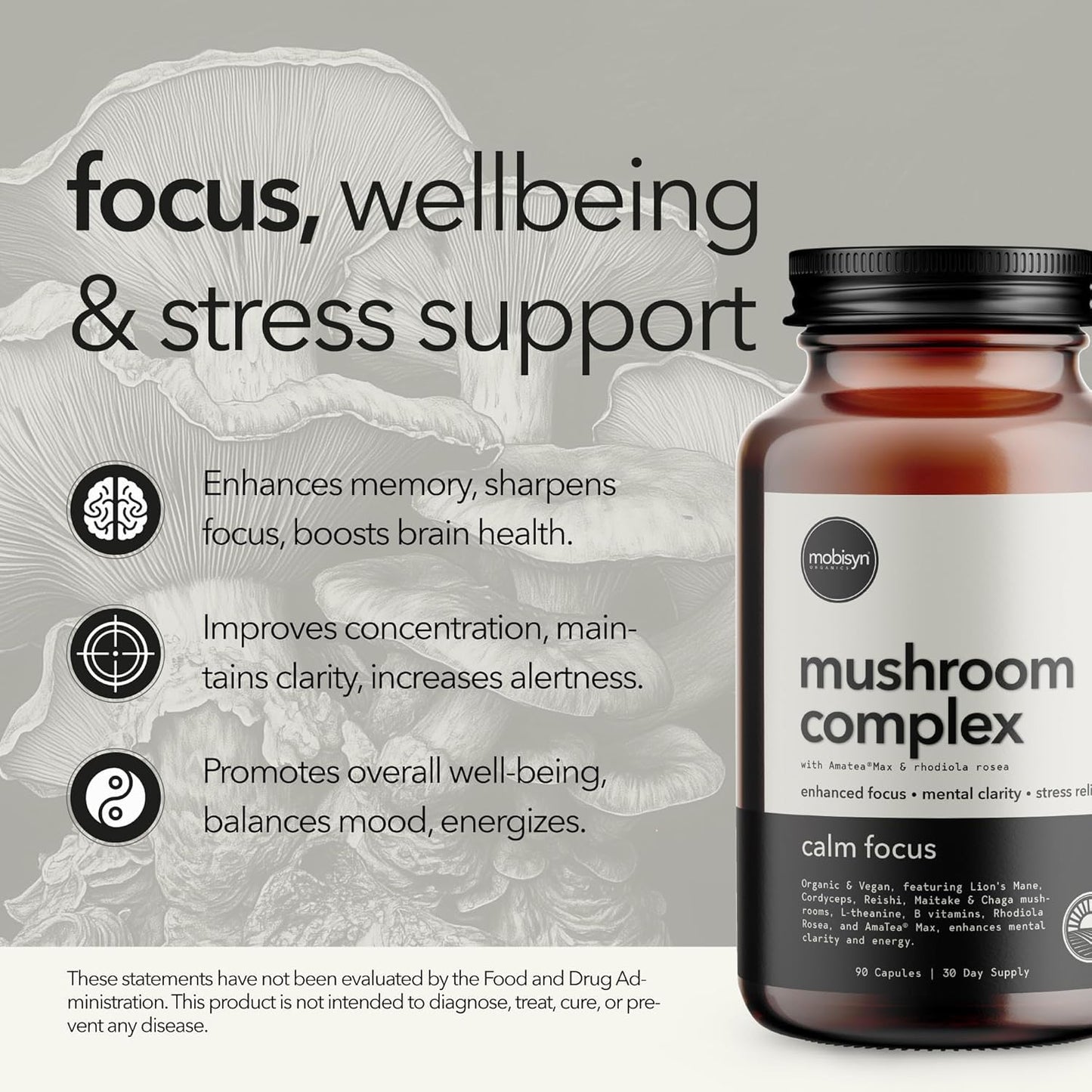 Mobisyn Organic Mushroom Supplement Cognitive Nootropic for the Brain Capsules, 180 Count