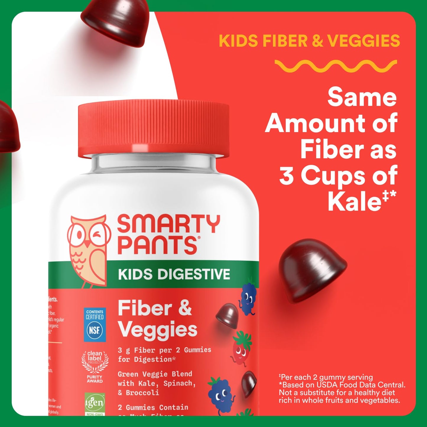 SmartyPants Kids Fiber & Veggies Prebiotic Fiber Gummies, 60 Count