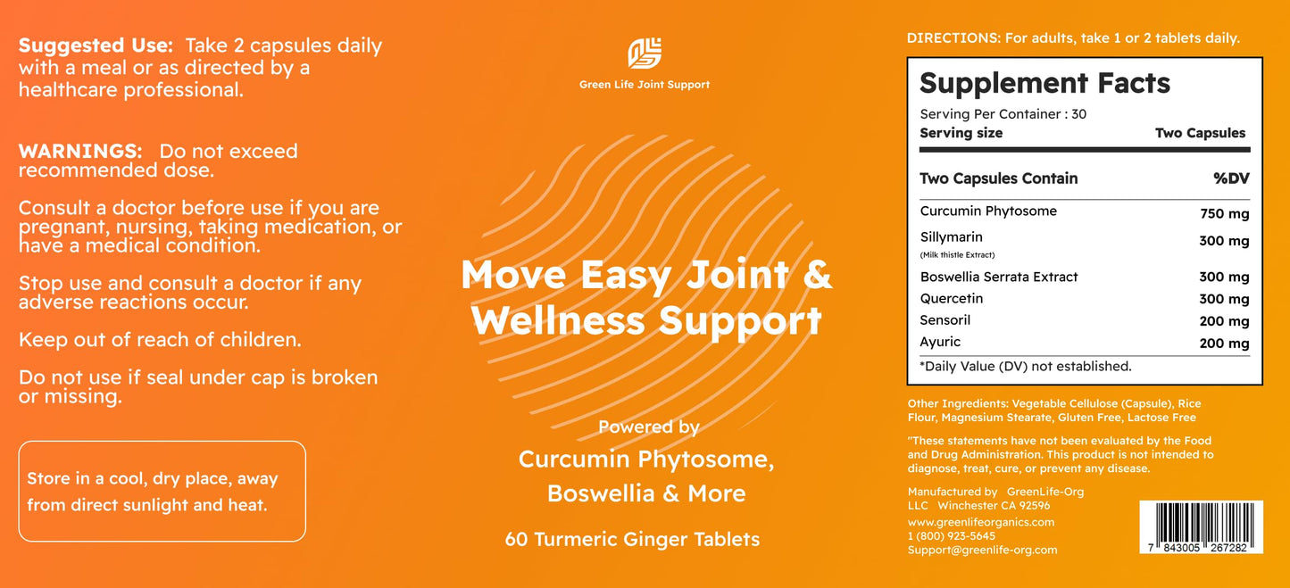 Green Life Org Move Easy Joint Support Supplement, Turmeric Curcumin with Boswellia and Silymarin, 60 Capsules