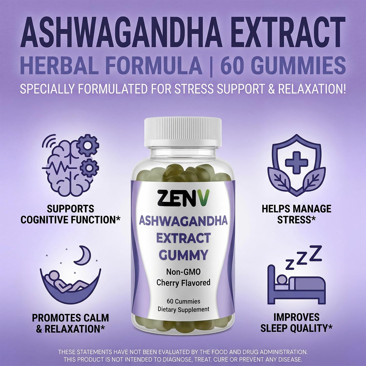 ZENV Ashwagandha Gummies with DHA & Vitamin D 60 Count